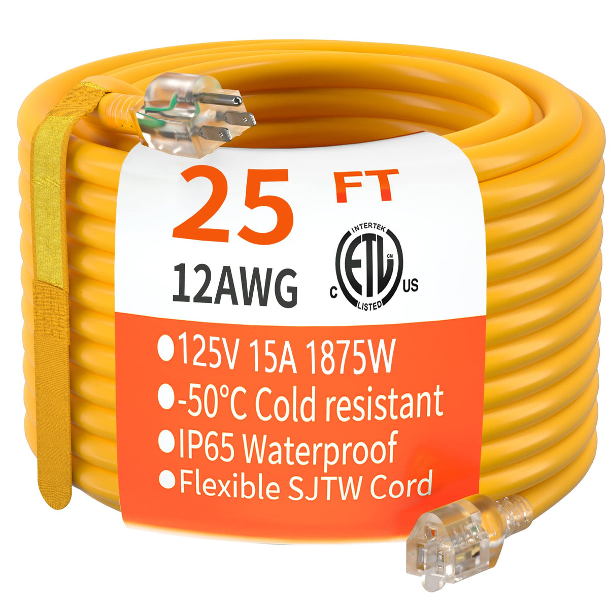 Huanchain 25 Ft 12/3 Gauge Heavy Duty Outdoor Extension Cord Waterproof With Lighted, Flexible Cold Weather 3 Prong Electric Cor