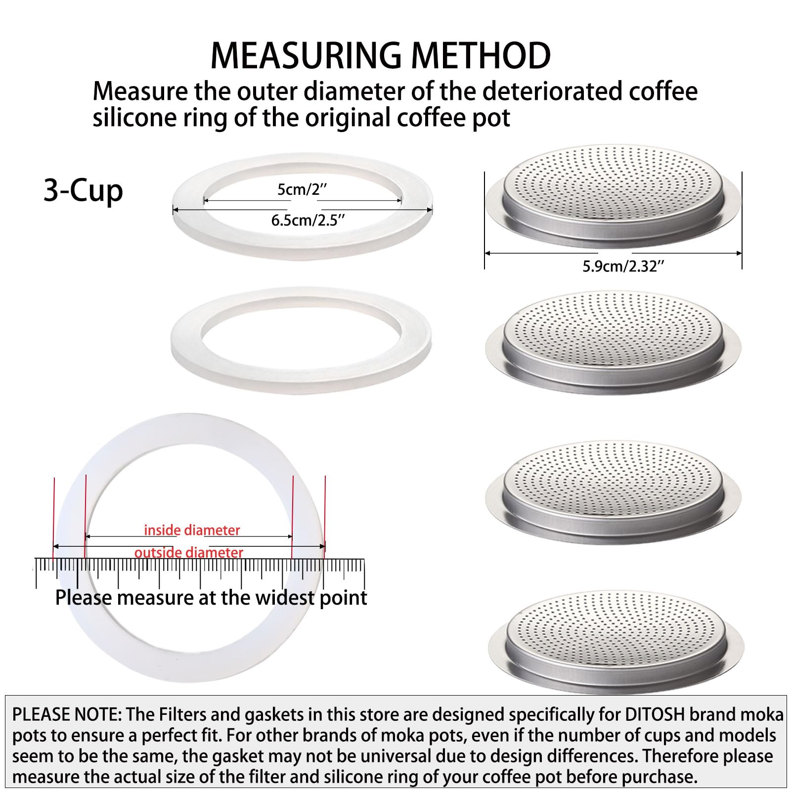 Ditosh 2 Pcs Filter With 4 Pcs Silicone Gasket Seals For 3 Cup Stovetop Espresso Coffee Maker Replacement Parts For Ditosh Alumi