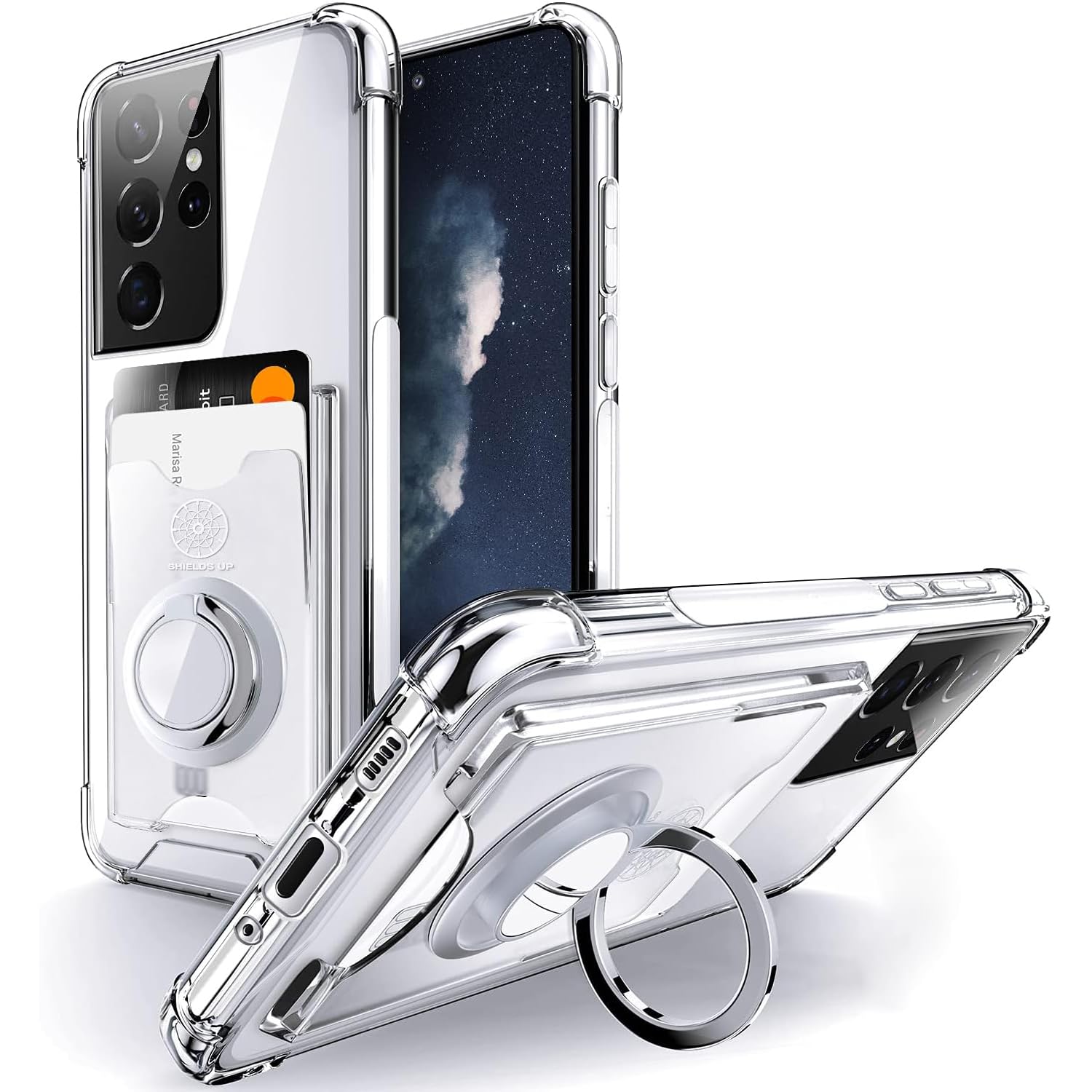 Shields Up for Samsung Galaxy S21 Ultra Case, Minimalist Wallet Case with Card Holder [3 Cards] & Ring Kickstand/Stand, [Drop Pr