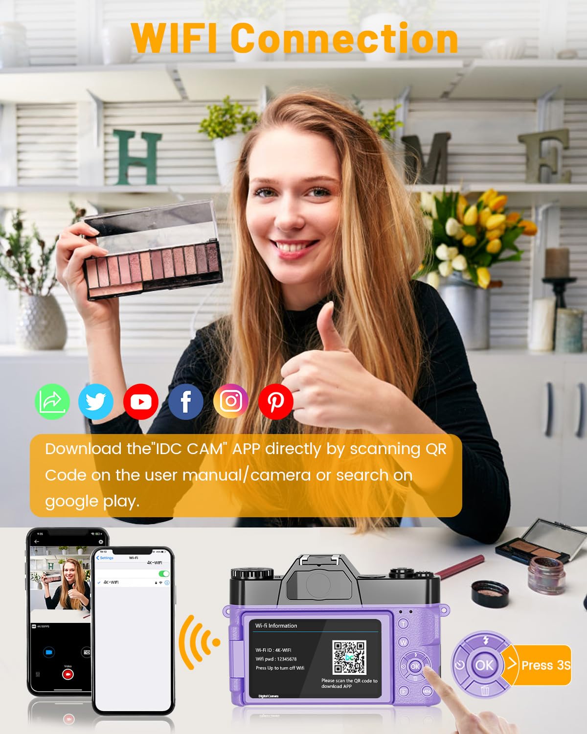 2024 Upgrade Vjianger Digital Camera For Photography 4K 56Mp Vlogging Camera For Youtube With Wifi, 180� Flip Screen, 16X Digital Zoom, 52Mm Lens, 2 Batteries, 32Gb Micro Sd Card(Purple)