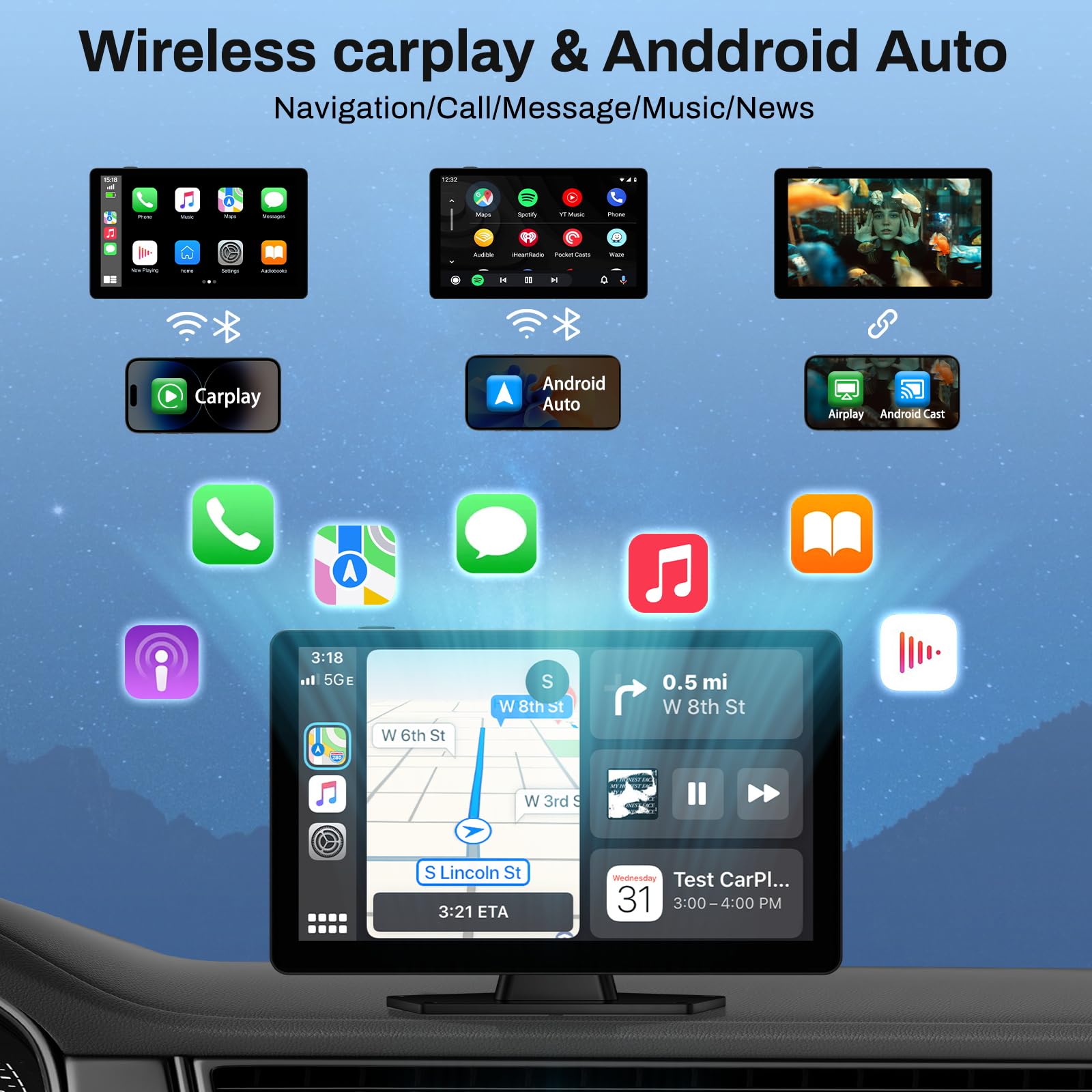 Wireless Carplay Screen For Car With 4K Dash Cam, 9 Portable Carplay & Android Auto, Hd Touchscreen With 1080P Backup Camera, Gp