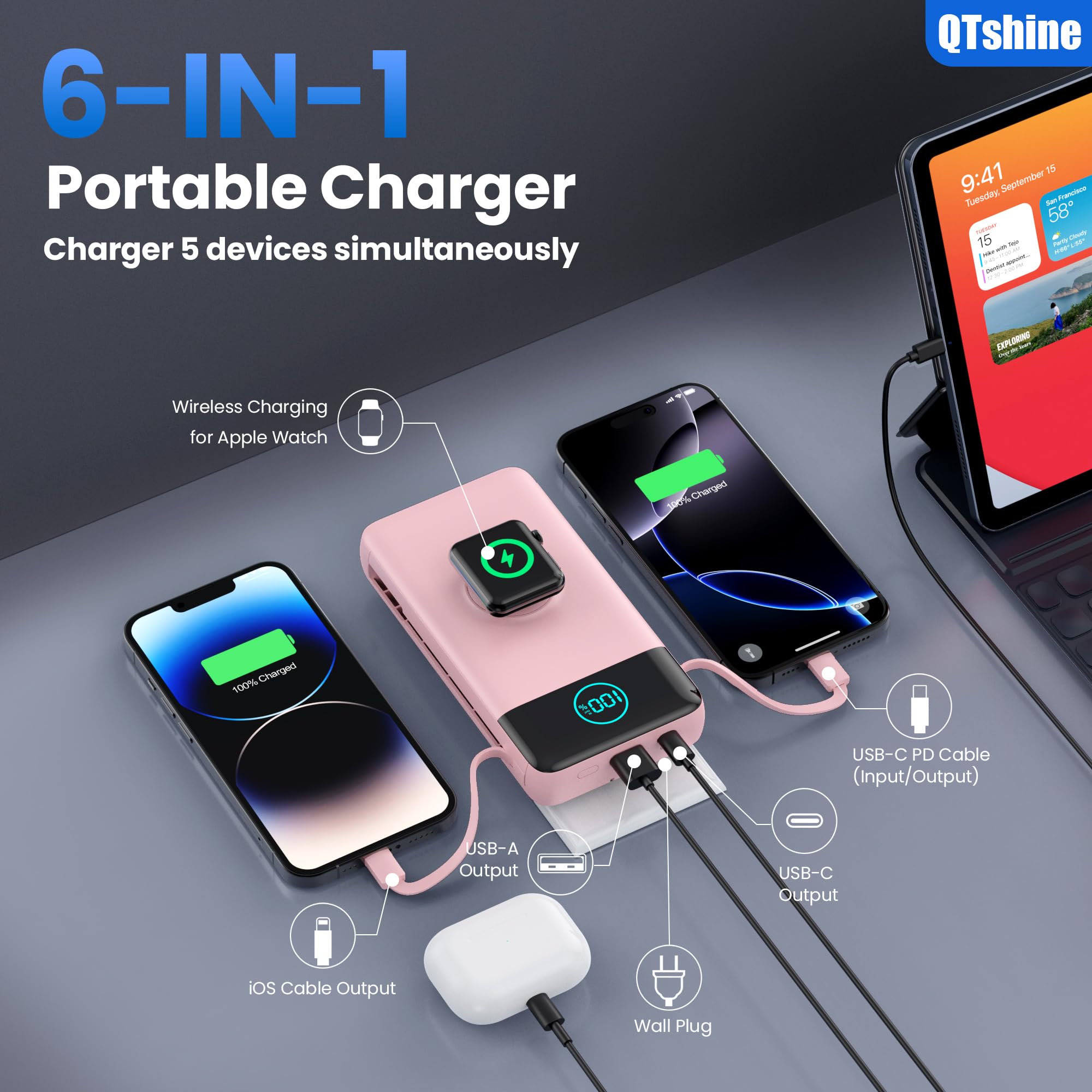 Portable Charger 40800Mah Power Bank With Built-In Cables,Wall Plug And Iwatch Charger,6-In-1 Qc4.0+25W Pd Usb C Fast Phone Char