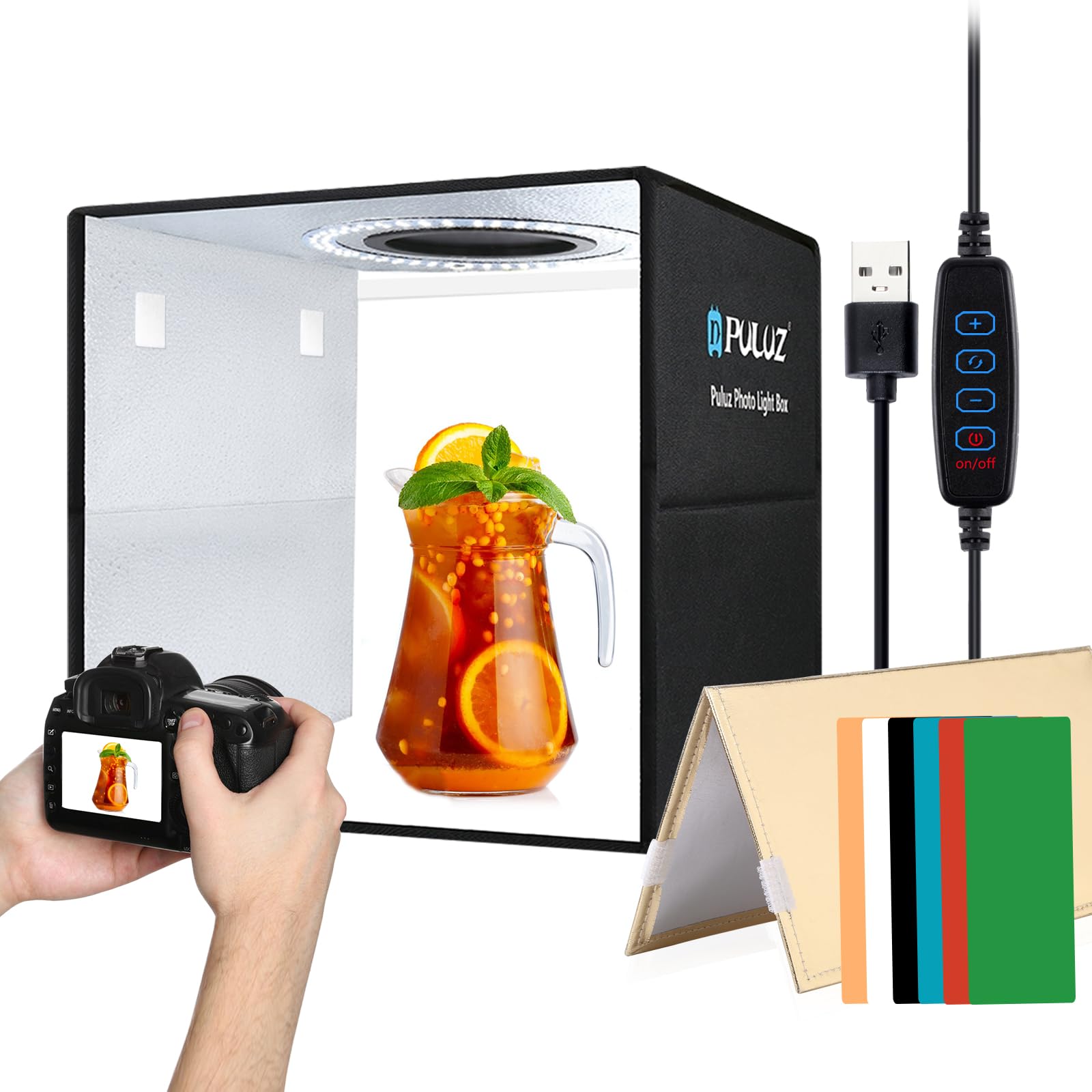 Puluz Foldable Photo Studio Light Box 30X30X30Cm Portable Mini Shooting Tent Kit With Led Ring Light, Cri97, 6 Color Backdrops &