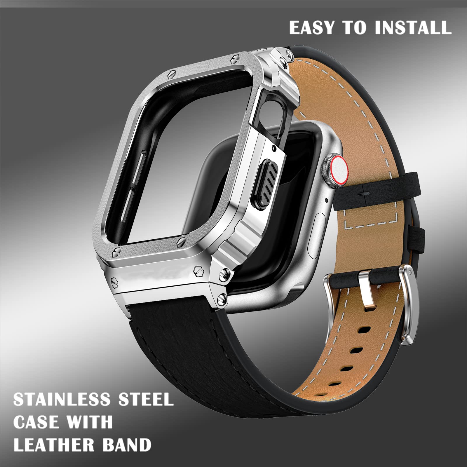 Suplink Stainless Steel Case And Bands Compatible With Apple Watch 44Mm Bands 42Mm,Leather Strap Rugged Cover For Iwatch Bands S