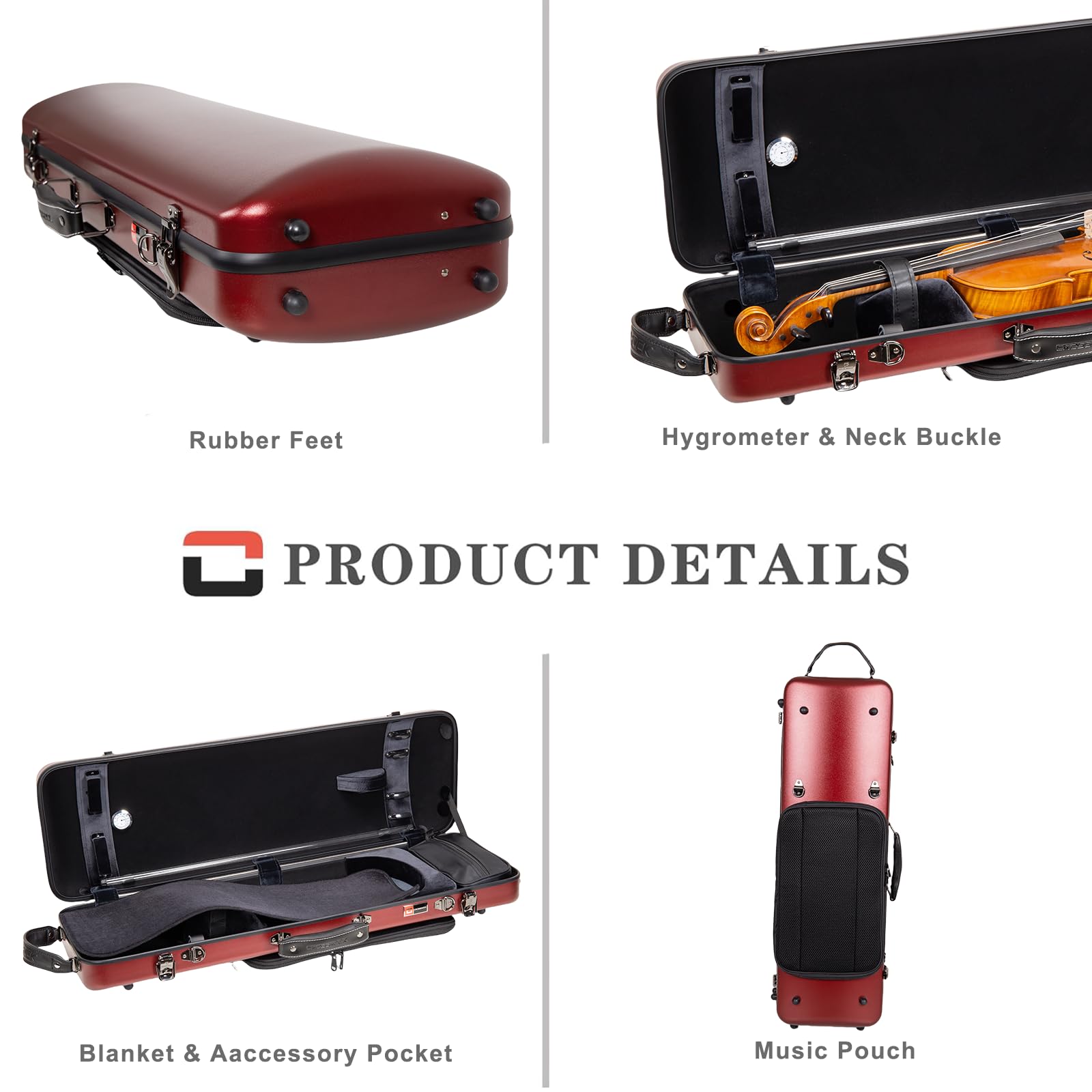 Crossrock Poly Carbon Oblong Violin Case For 4/4 Full-Size | Matte Red Finish, Hygrometer, Music Pouch, Accessory Storage - Ligh