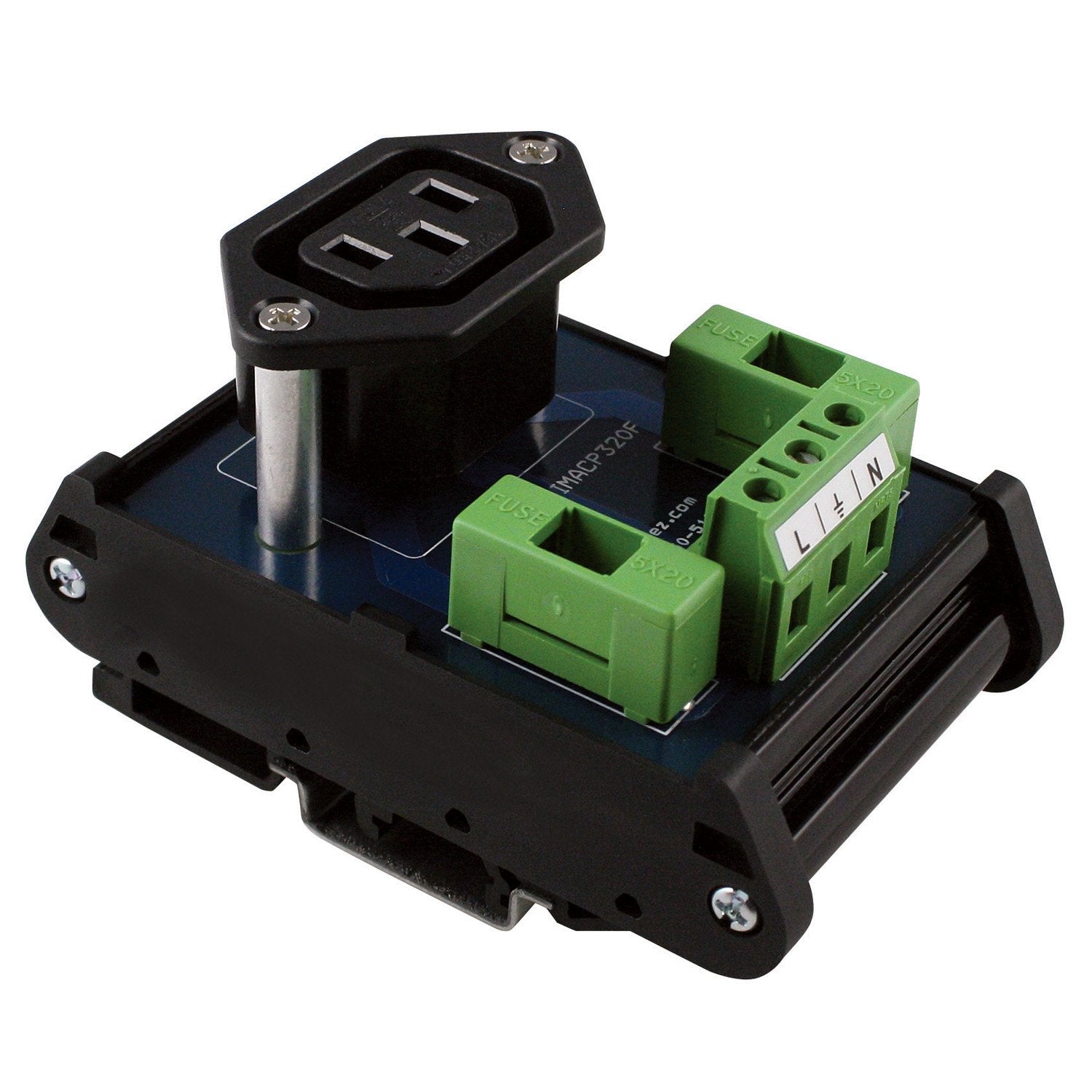 Asi Imacp320F Din Rail Mounted Single Ac Outlet Iec320 Connector With Fuse Protection, 10 Amp, 250 Vac, 30 To 12 Awg, Uses 5 X 2