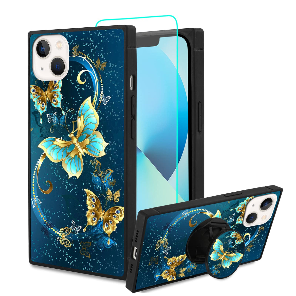 Sakuulo Iphone 13 Case,[Screen Protector + Kickstand] Square Cute Blue Butterfly Print Design Soft Tpu Edge Protection Shock Abs
