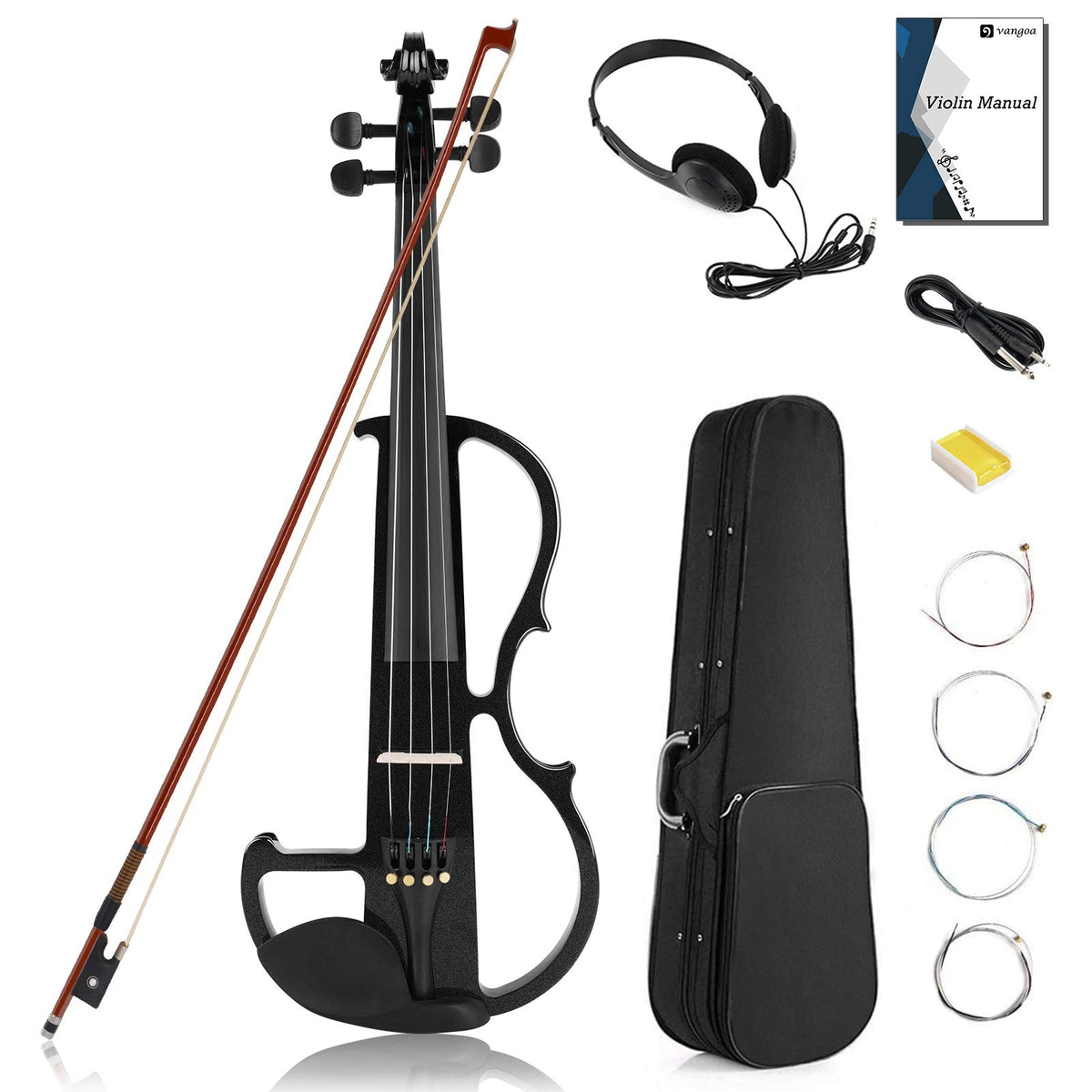 Vangoa Electric Violin Full Size 4/4, Black Silent Electric Violin, Solid Wood Metallic Electric Fiddle With Ebony Fittings, Beg