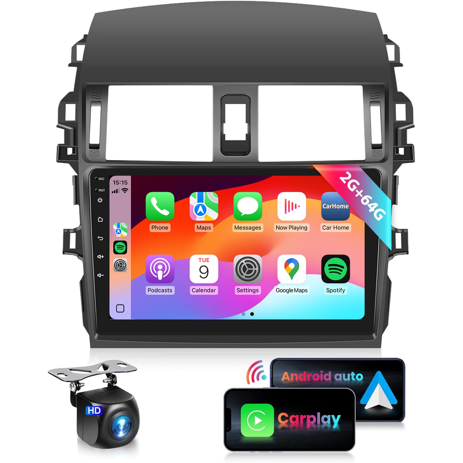 2G 64G Car Stereo Radio For Toyota Corolla 2009 2010 2011 2012 2013 With Wireless Carplay/Android Auto/Mirrorlink/9Inch Hd Ips Touch Screen/Bluetooth/Gps/Eq/28Uis/Wifi/Ahd Backup Camera