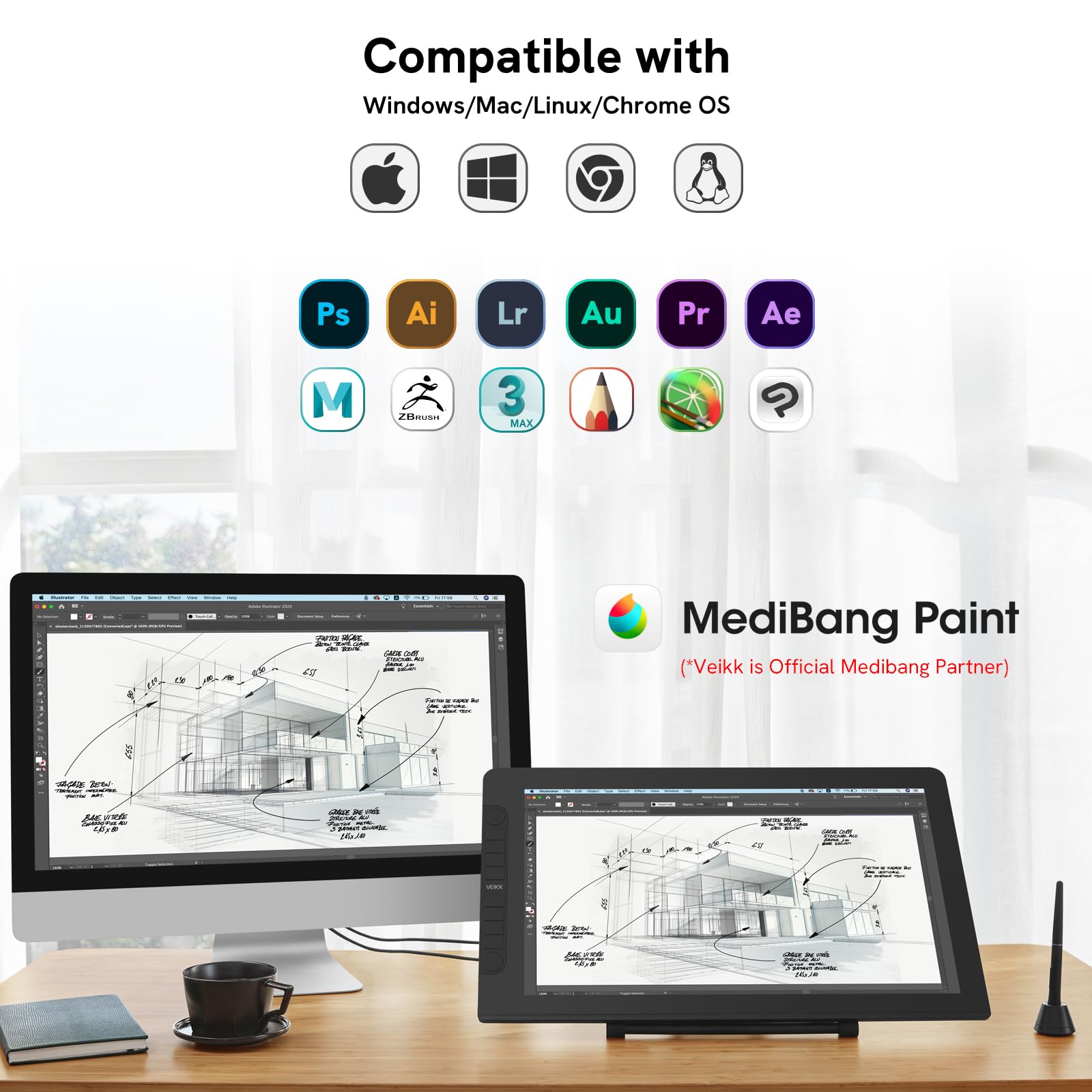 Drawing Tablet With Screen,Veikk Vk2200Pro Drawing Monitor,21.5 Inch Full-Laminated Screen,With 2 Customized Quick Dials,8 Short