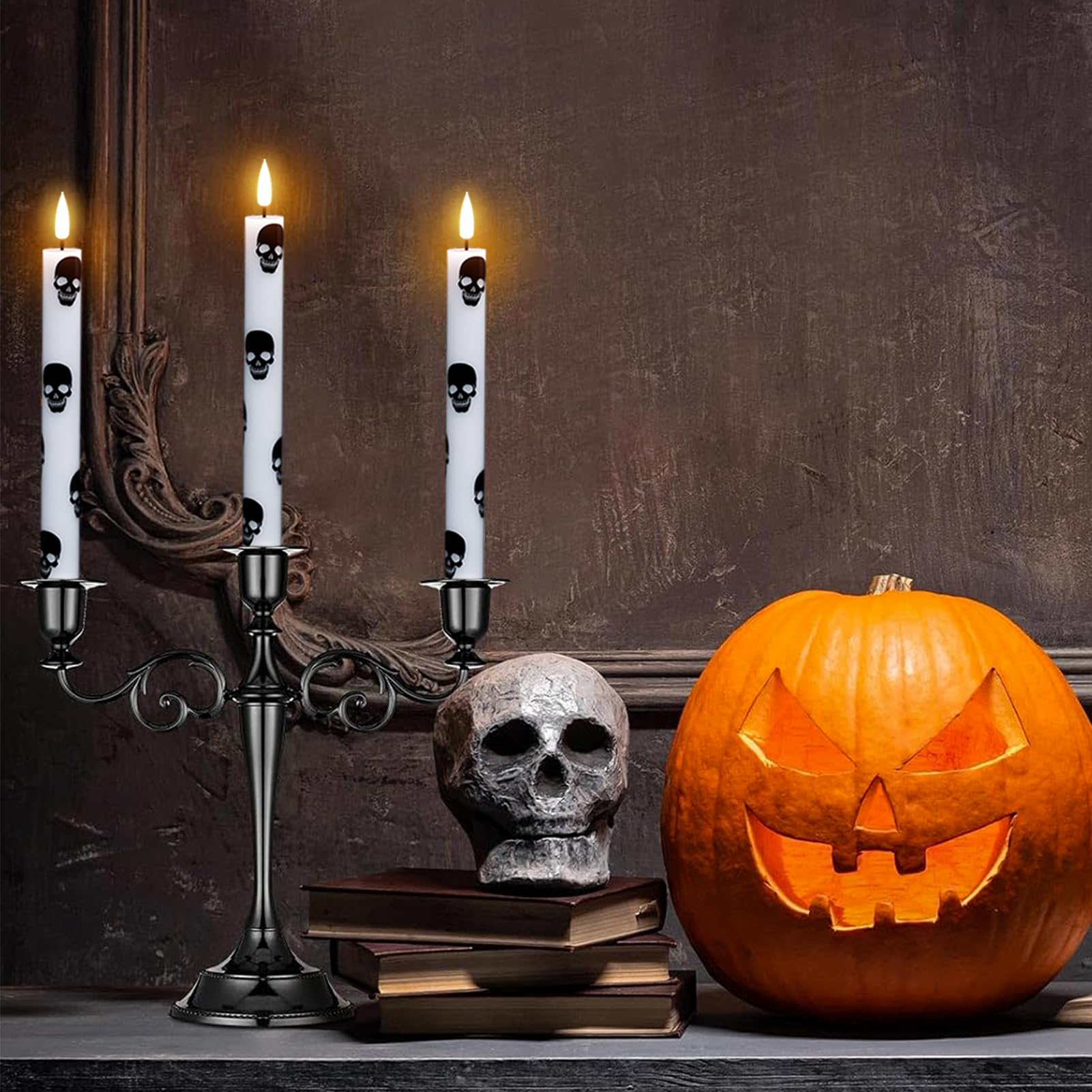Genswin Halloween Flameless Taper Candles Remote Timer, 4 Pack Real Wax Led Taper Candles Battery Operated Flickering With Skull
