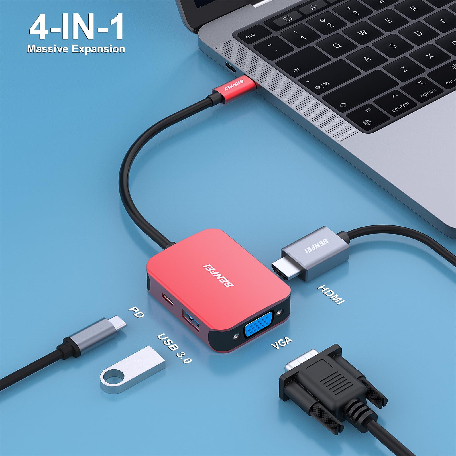 Benfei Usb C Hub 4In1, Usb Type C To Hdmi Vga Adapter, Usb C To Usb Adapter, Usb Type C Power Delivery, Compatible With Iphone 1