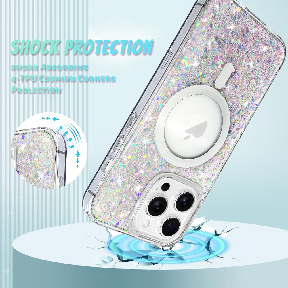 Bonoma For Iphone 13 Pro Max Case, Sparkly Glitter Bling Back, Magnetic Support For Magsafe Shockproof Case, Crystal And Clear H