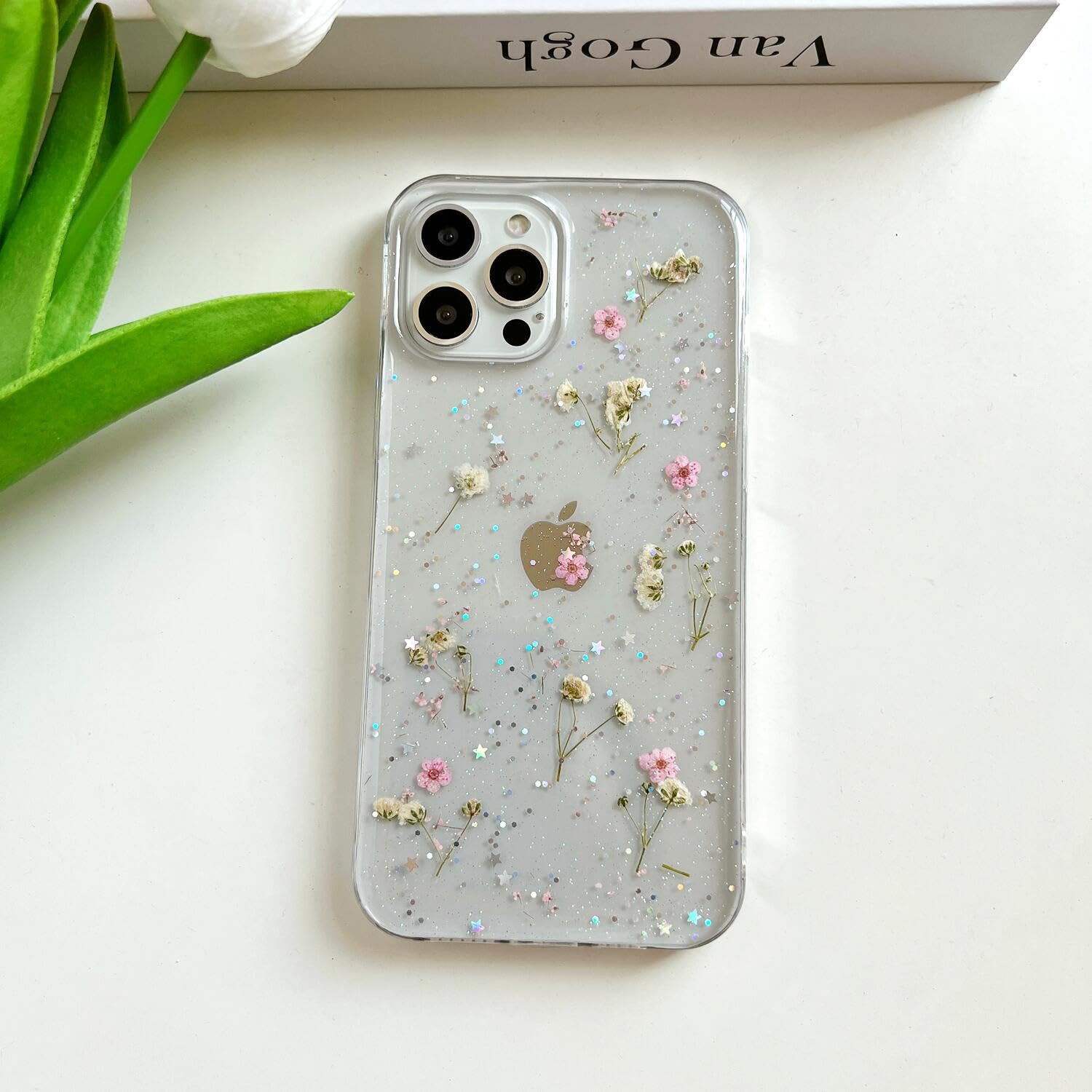 Lseeka For Iphone 12 Pro Max Clear Case With Pressed Real Flowers Design,Glitter Cute Pink Floral Pattern Slim Soft Tpu Protecti