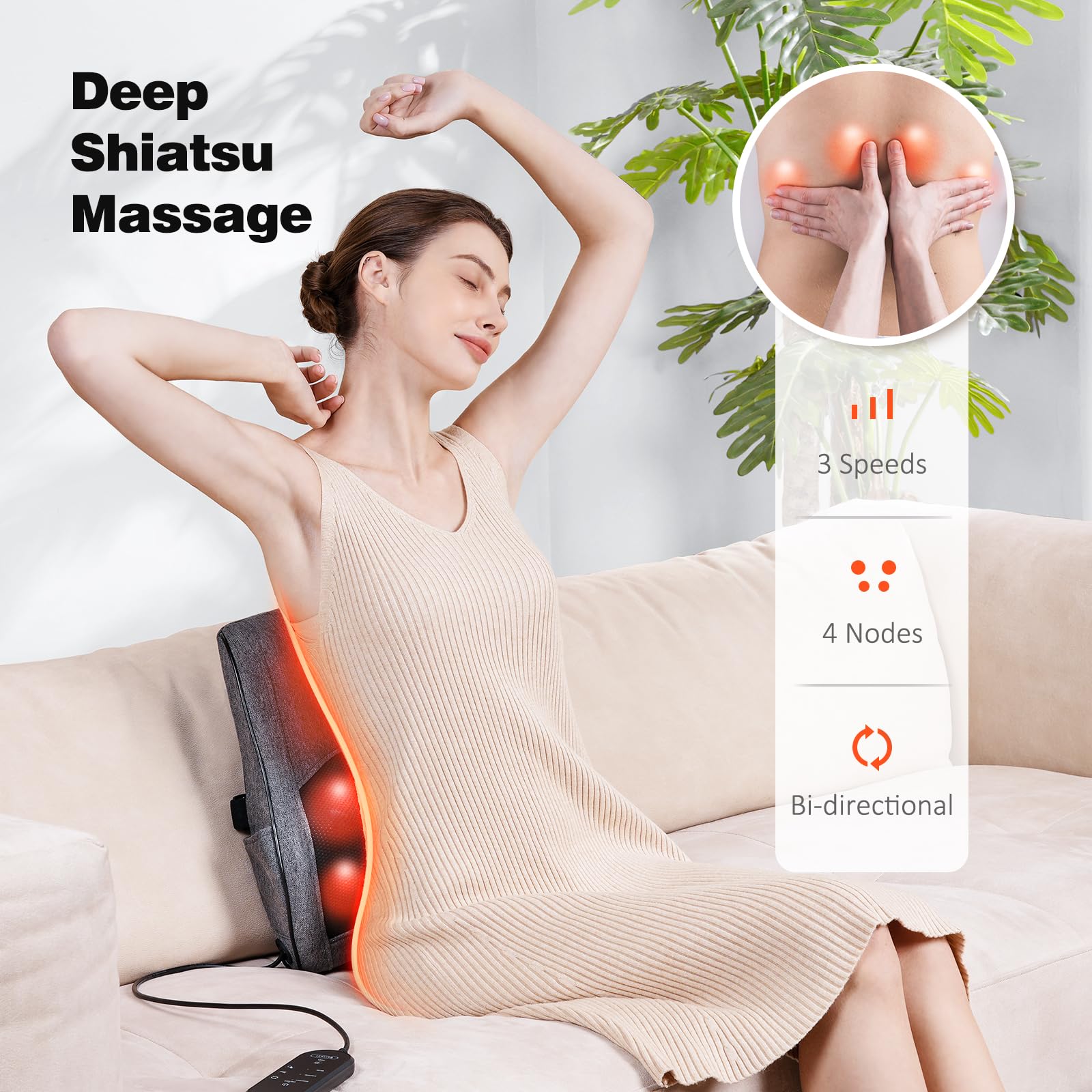 Boriwat Back Massager With Heat, Neck Massager For Pain Relief Deep Tissue, 3D Kneading Massage Pillow For Back, Neck, Shoulder,