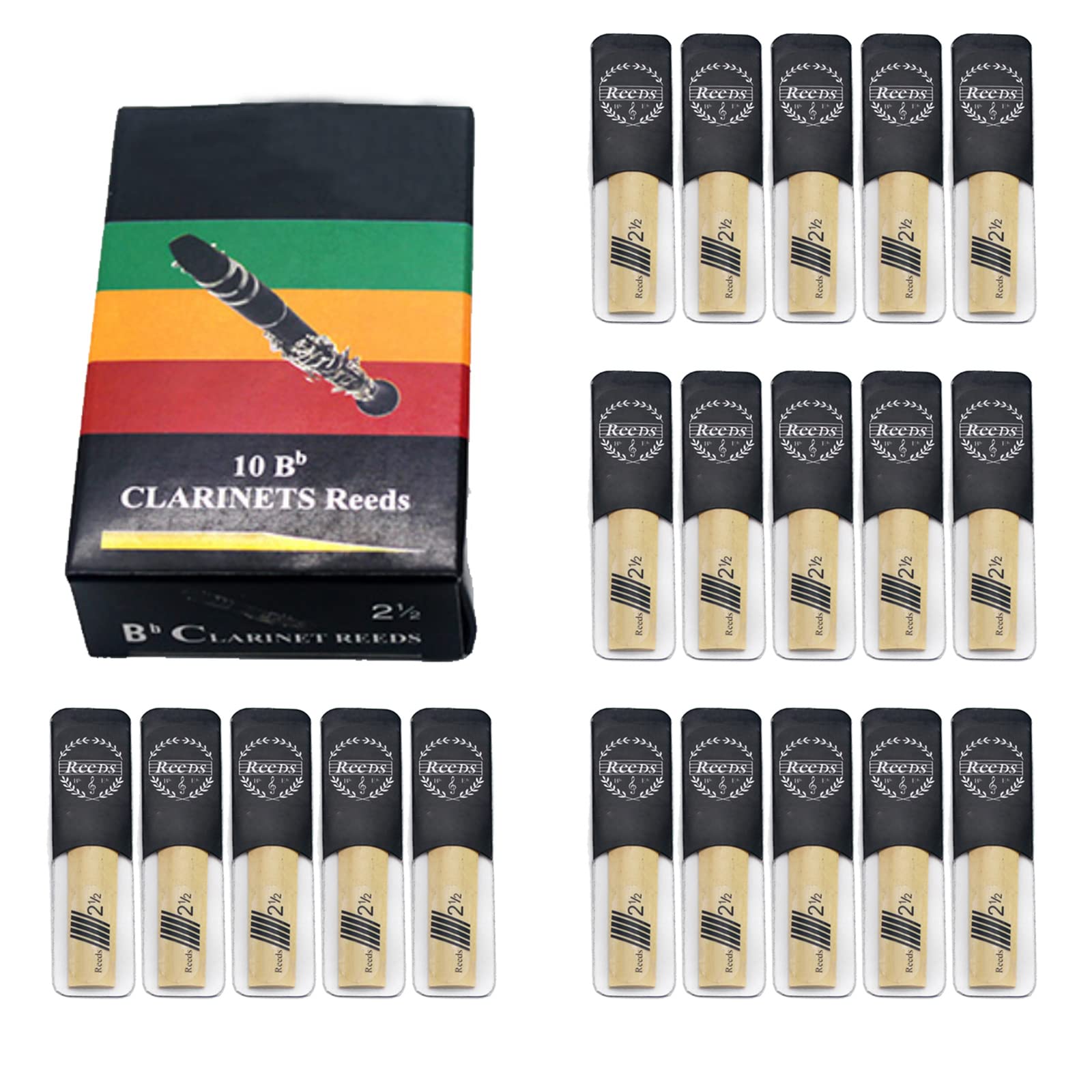 20Pack Bb Clarinet Reeds, Strength 2.5, Traditional Style With Portable Case   Premium Quality Reeds For Bass Clarinet Players