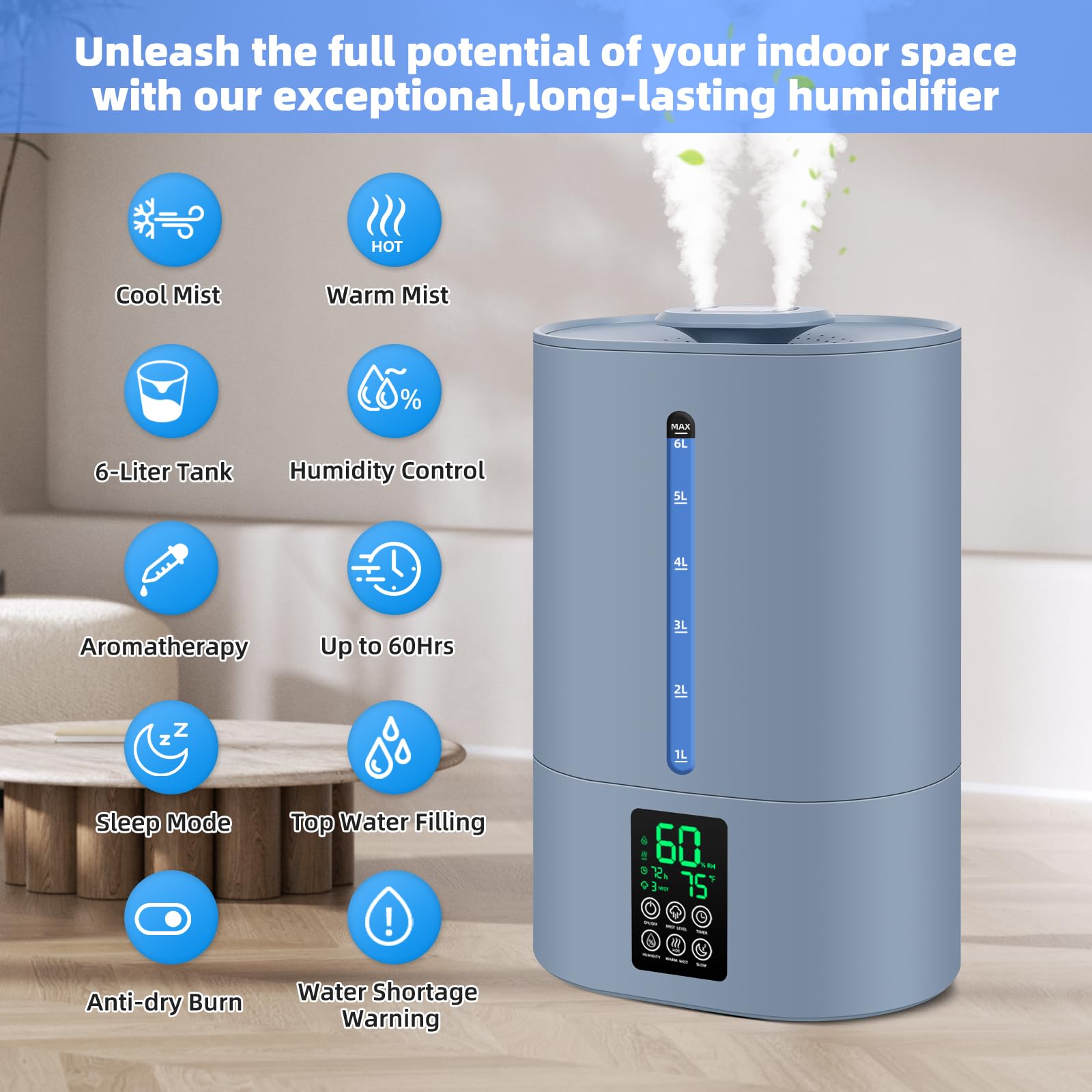 6L Humidifiers For Bedroom Large Room Home, Cool And Warm Humidifiers For Baby And Plants Mist Top Fill Desk Humidifiers Essenti
