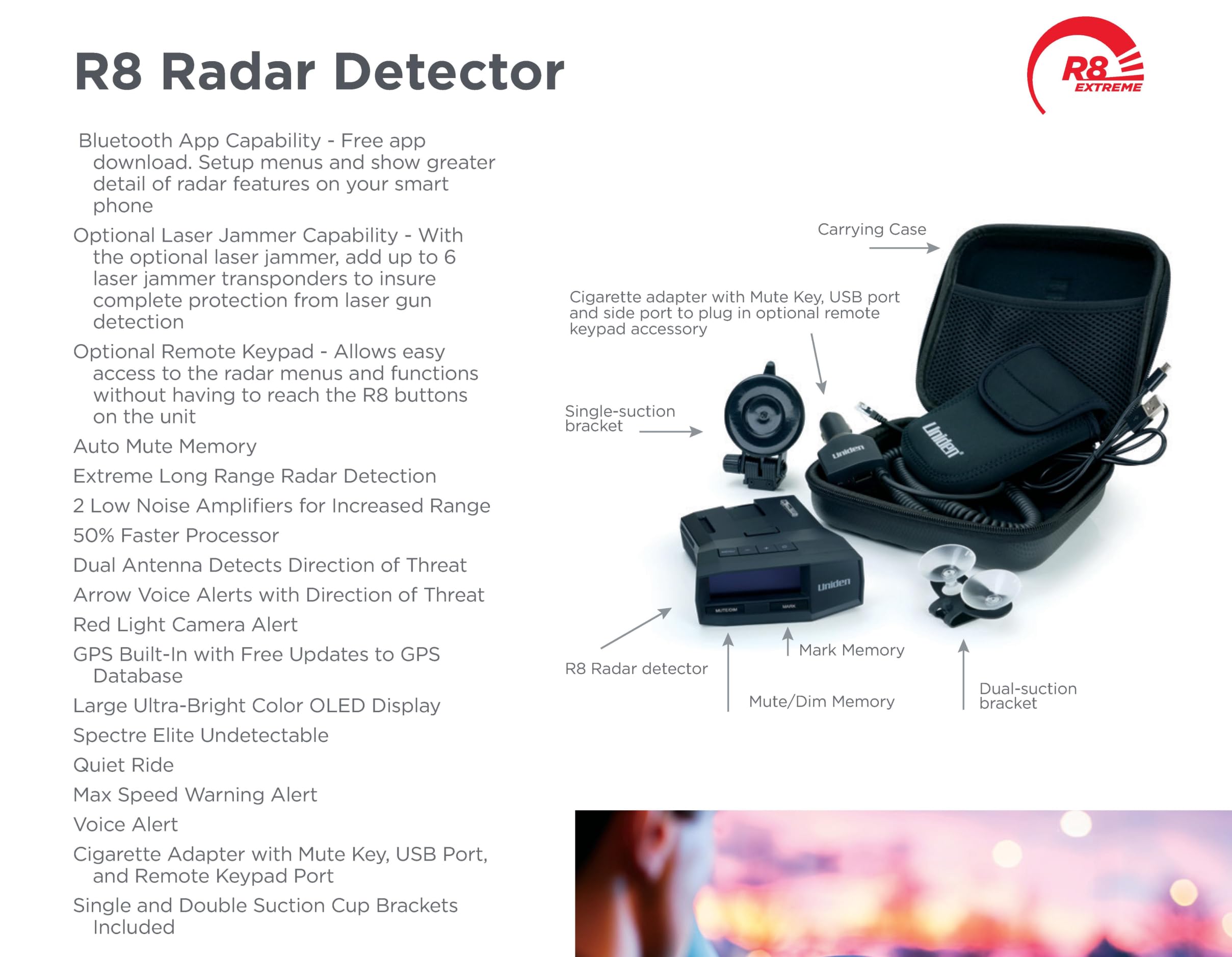 Uniden R8 Extreme Long-Range Radar/Laser Detector, Dual-Antennas Front & Rear Detection W/Directional Arrows, Built-In Gps W/Rea