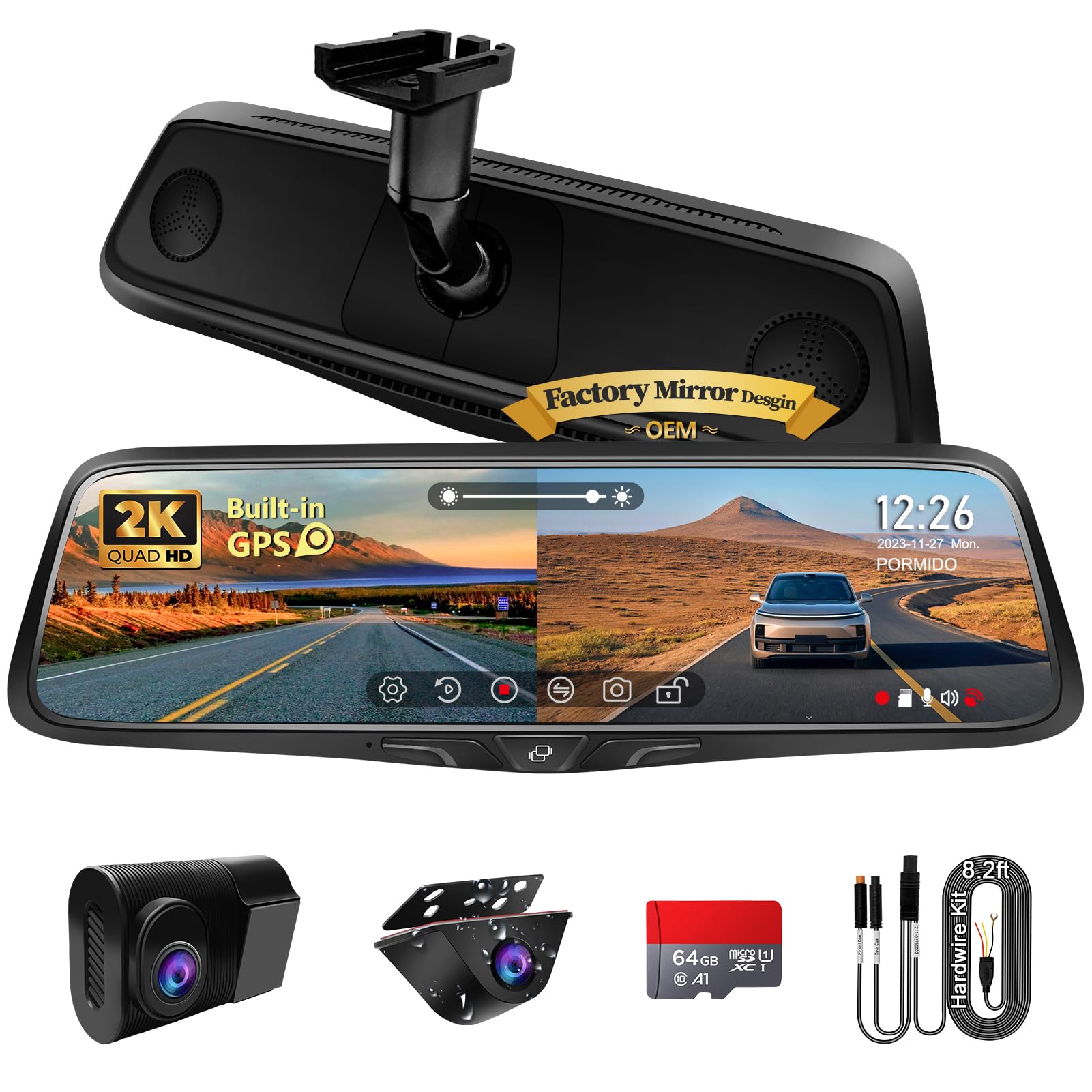 Pormido Oem 2K Rear View Mirror Camera,10' Mirror Dash Cam With Detached Front Backup Camera, Smart Full Touchscreen Rearview Wdr Dashcam With Built In Gps,64Gb Card,Parking Monitor,Night Vision