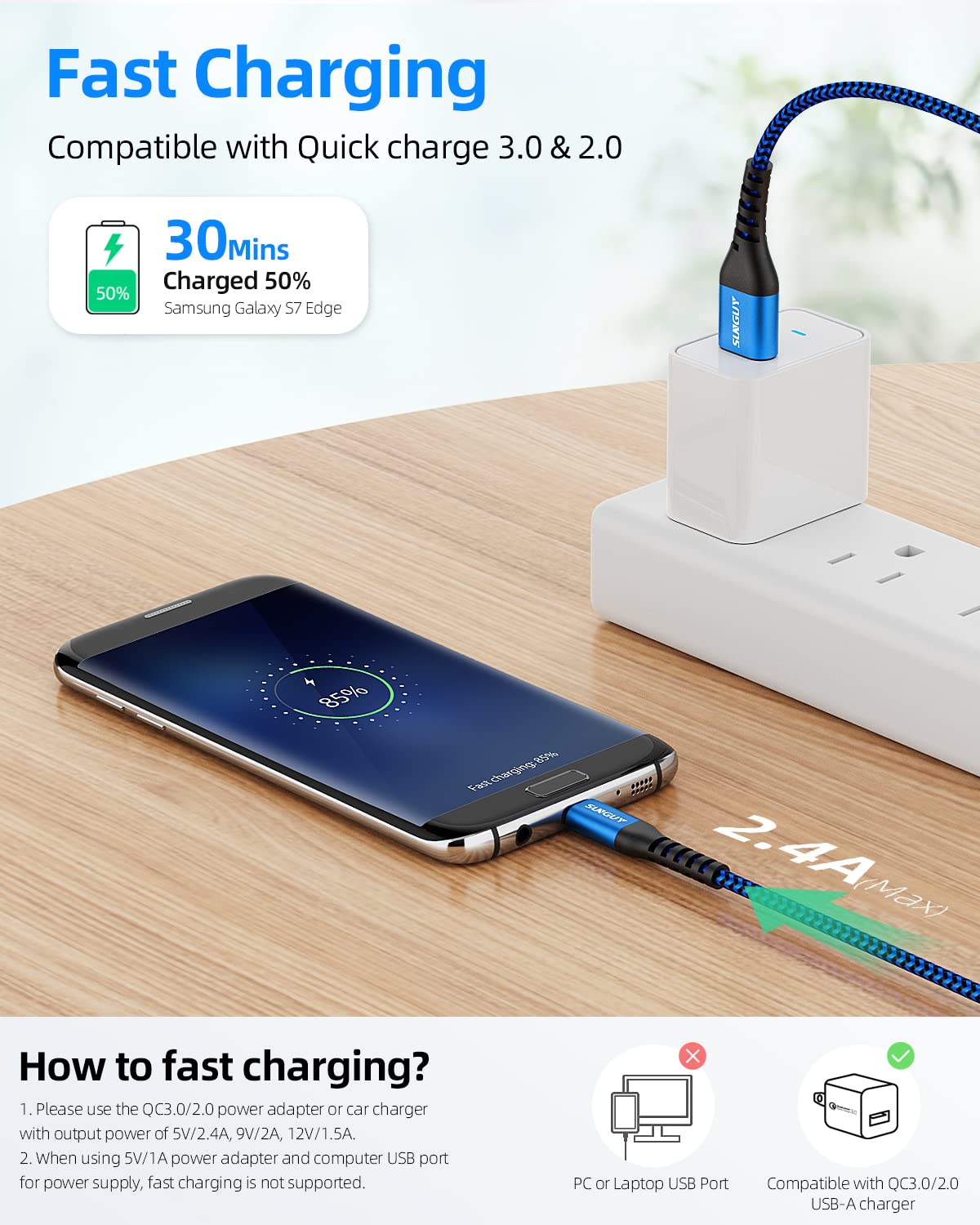 Sunguy Short Micro Usb Cable 1Ft[3Pack], 18W Usb To Micro Usb Cable Fast Charging Usb 2.0 Data Sync Nylon Braided For Samsung Ga