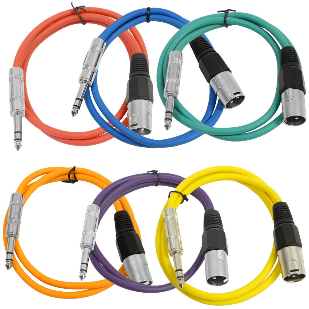 Seismic Audio SATRXL-M2BGORYP 2-Feet XLR Male to 1/4-Inch TRS Patch Cables - Multiple Colors