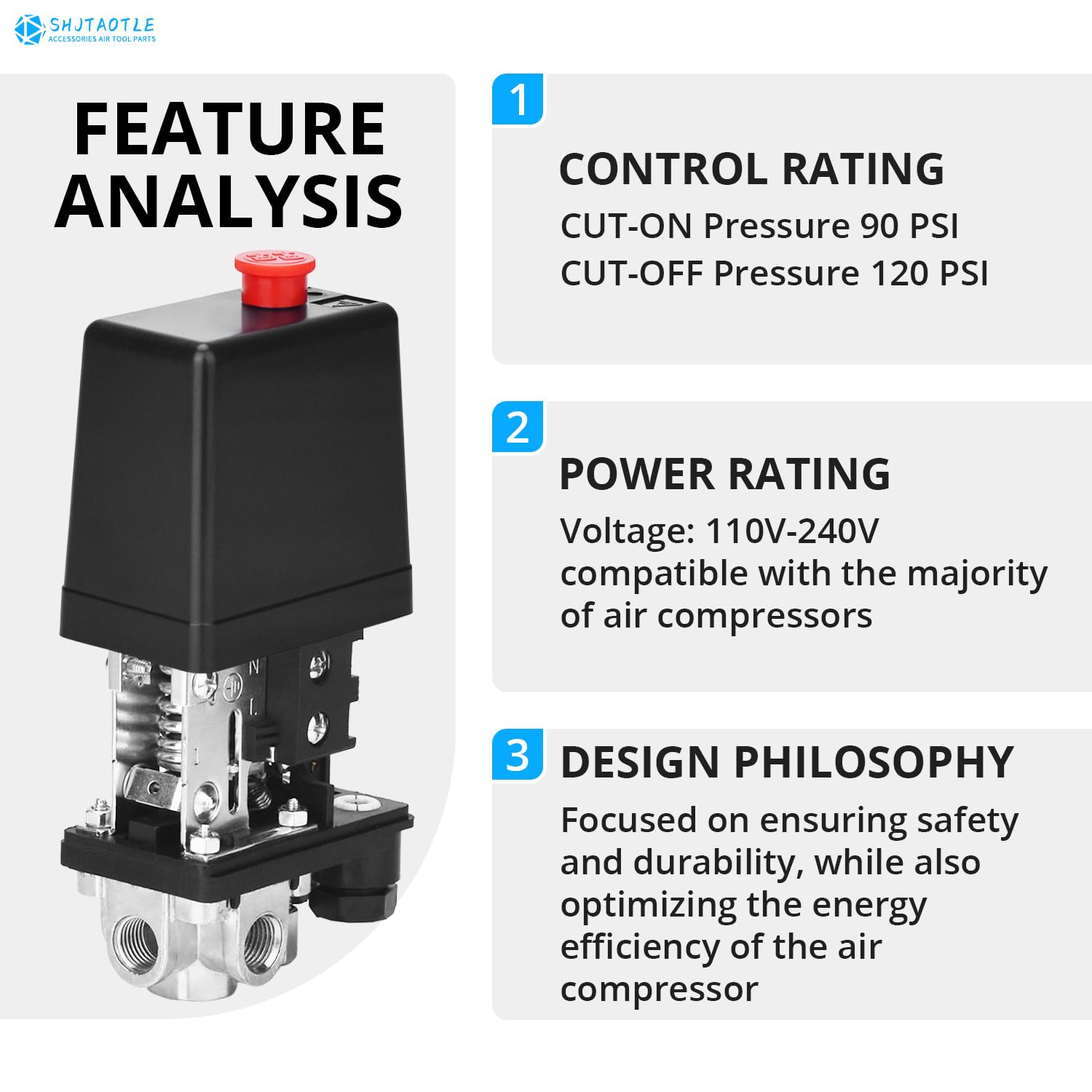 Shjtaotie Universal Air Compressor Pressure Switch Control Valve (90 120 Psi, 110V 240V) With 0 180 Psi Regulator And Safety Pre