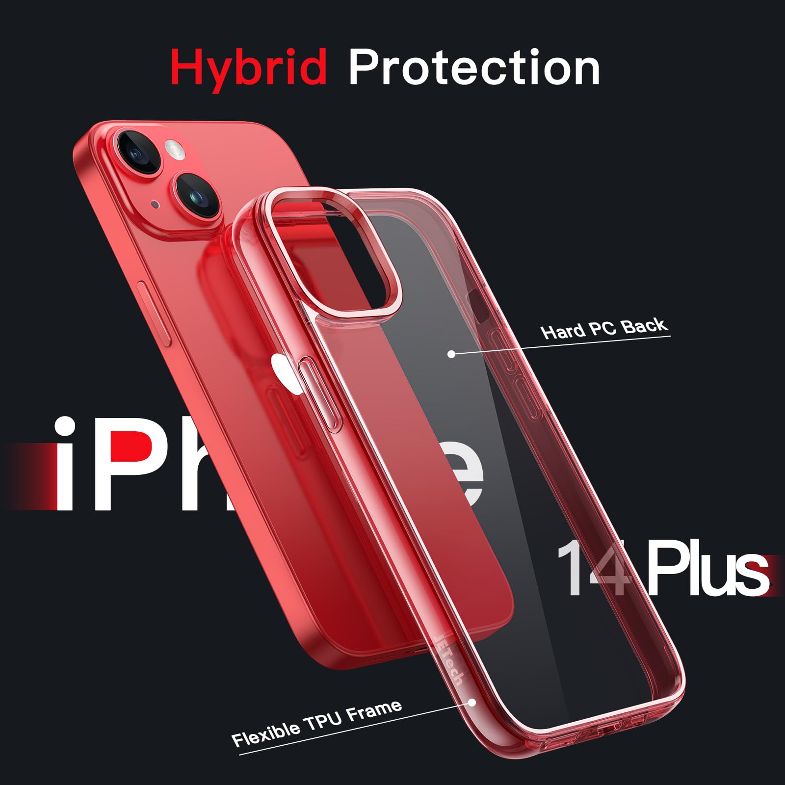 Jetech Case For Iphone 14 Plus 6.7 Inch, Non Yellowing Shockproof Phone Bumper Cover, Anti Scratch Clear Back (Red)