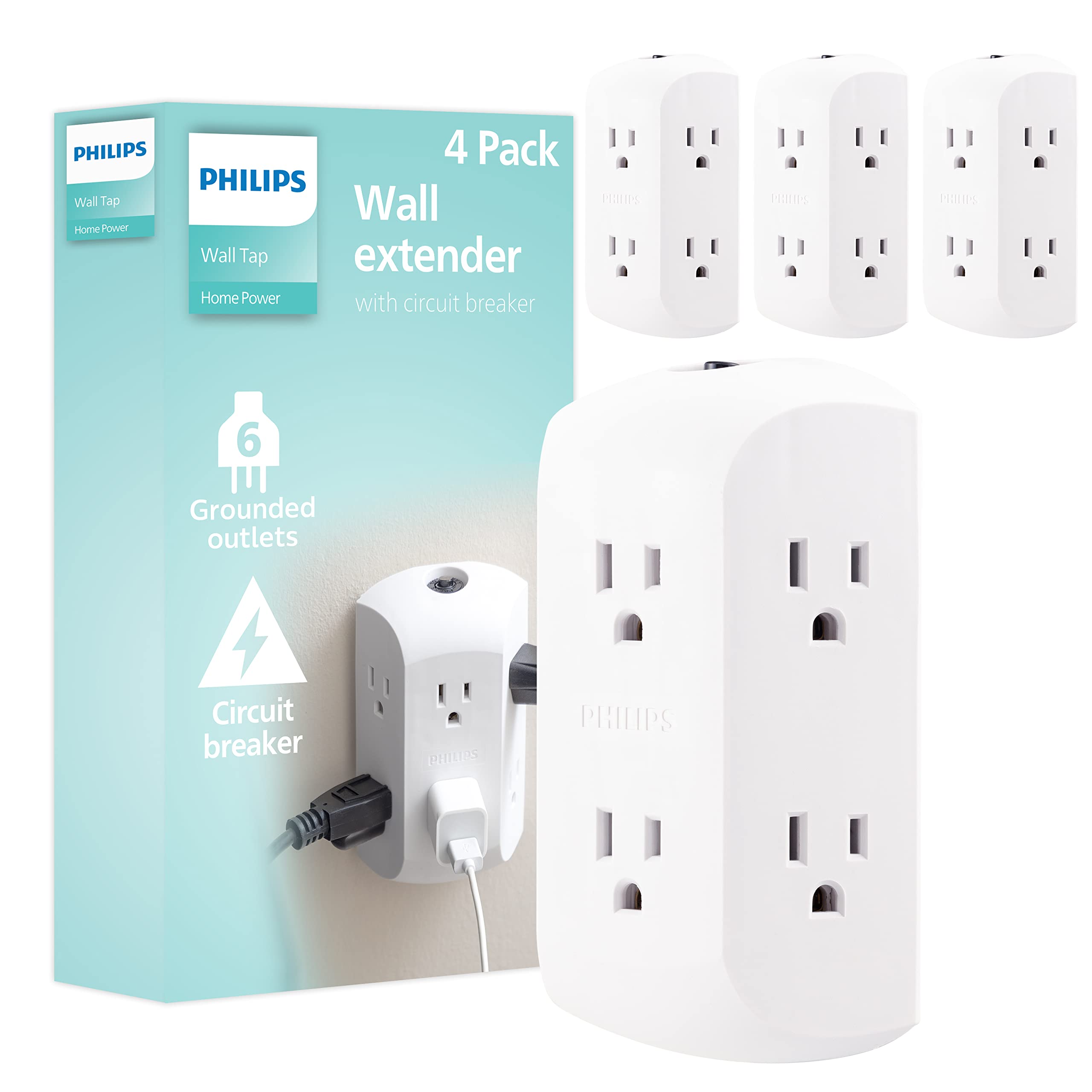Philips 6 Outlet Extender, 4 Pack, Grounded Wall Tap, Reset Button, Circuit Breaker, Adapter Spaced Outlets, 3 Prong, Quick And