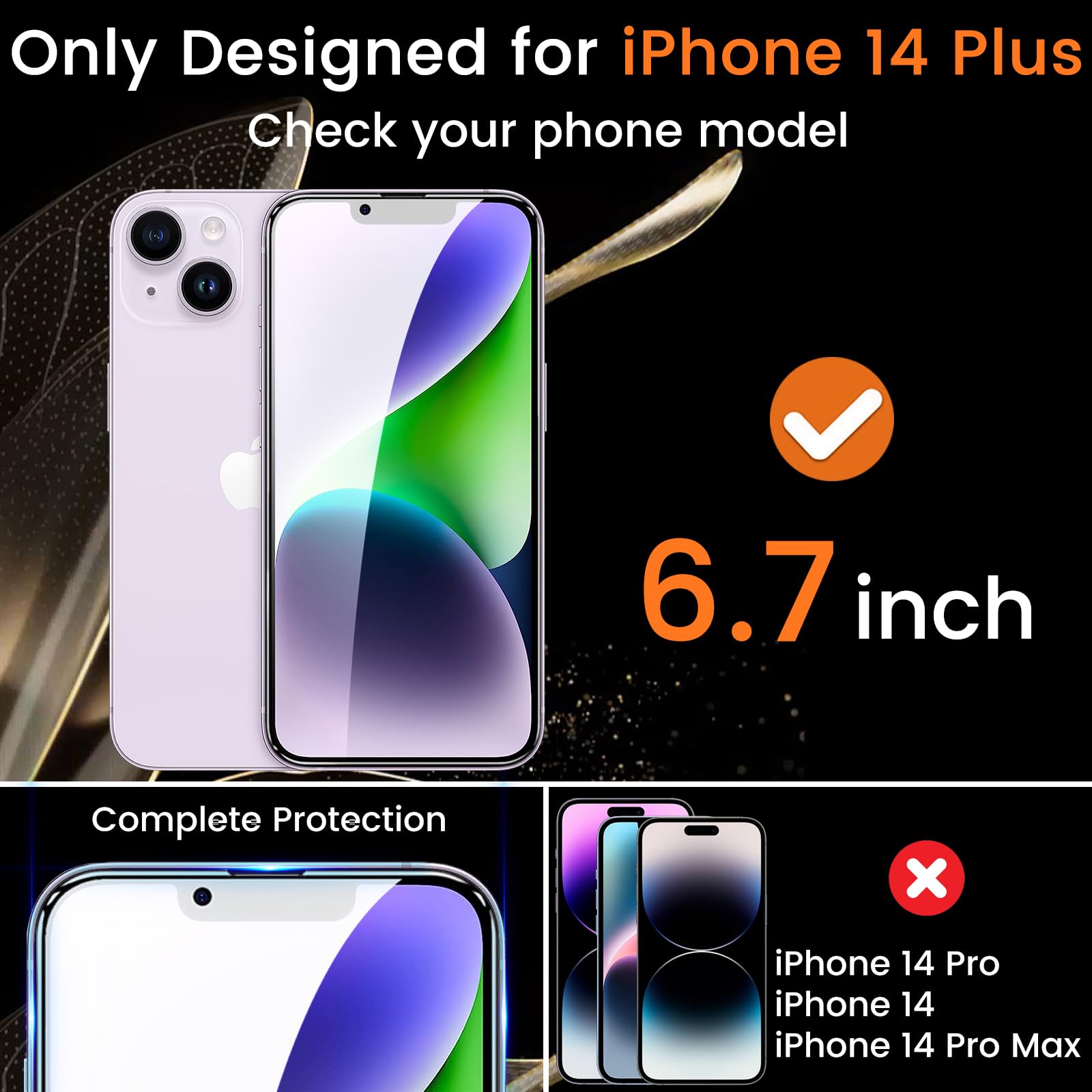 Lesakit 3+3 Pack Privacy Screen Protector For Iphone 14 Plus 6.7 Inch With 3 Pack Camera Lens Protector, Anti Spy Tempered Glass