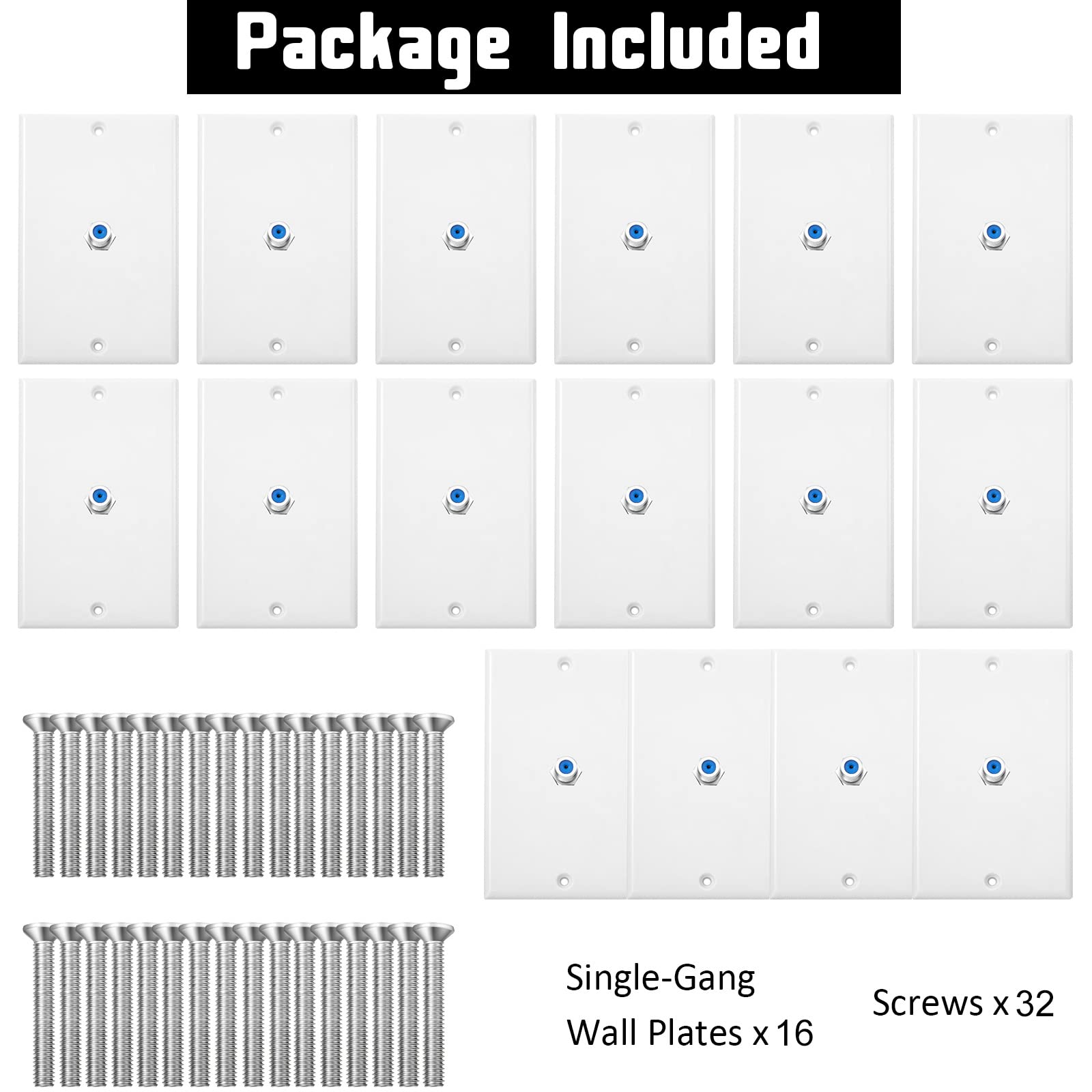 1 Port Tv Cable Wall Plate F Connector Wall Plate Coax Wall Plate Video Wall Jack Single Gang Wall Plates (Blue, 16 Pcs)