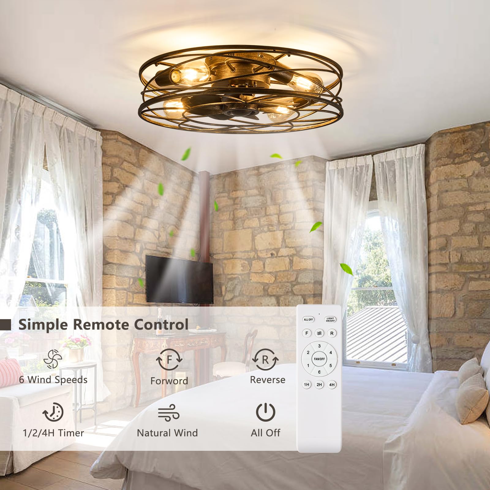 Flush Mount Caged Ceiling Fan: 20'' Caged Ceiling Fan With Lights And Remote, Bladeless Low Profile Ceiling Fans 6 Speed Reversi