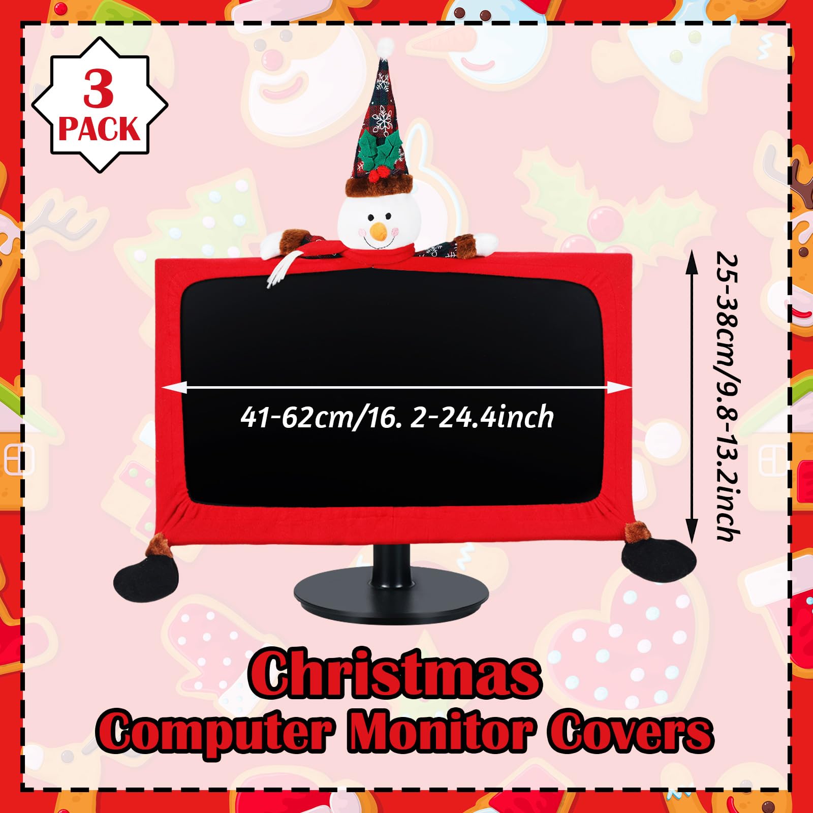 Yaocom 3 Pcs Christmas Computer Monitor Cover And 3 Pcs Christmas Mouse Pad, Computer Monitor Border Cover Elastic Laptop Access