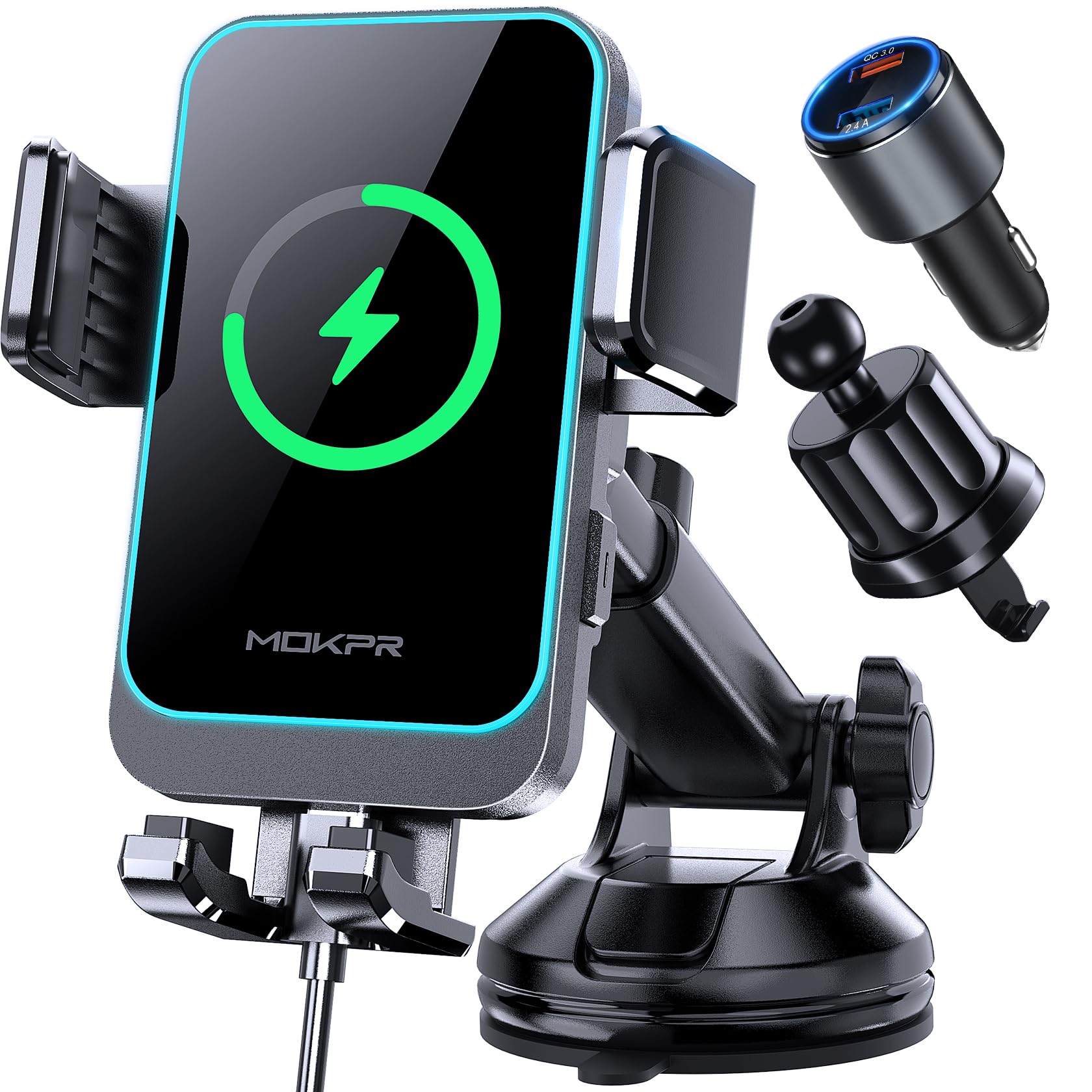 Wireless Car Charger, Mokpr 15W Fast Charging Auto Clamping Dashboard Windshield Air Vent Car Phone Holder Car Charger For Iphon