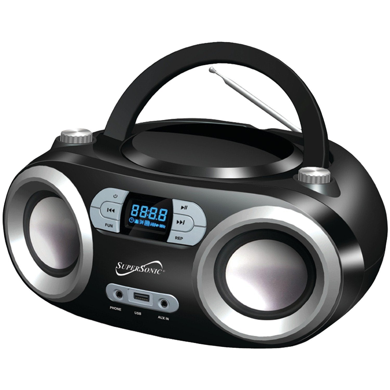 Supersonic SC-509BT Boombox System with Portable Top Loading MP3/CD Player, LED Display, Bluetooth, USB AM/FM, Aux Input, Telesc