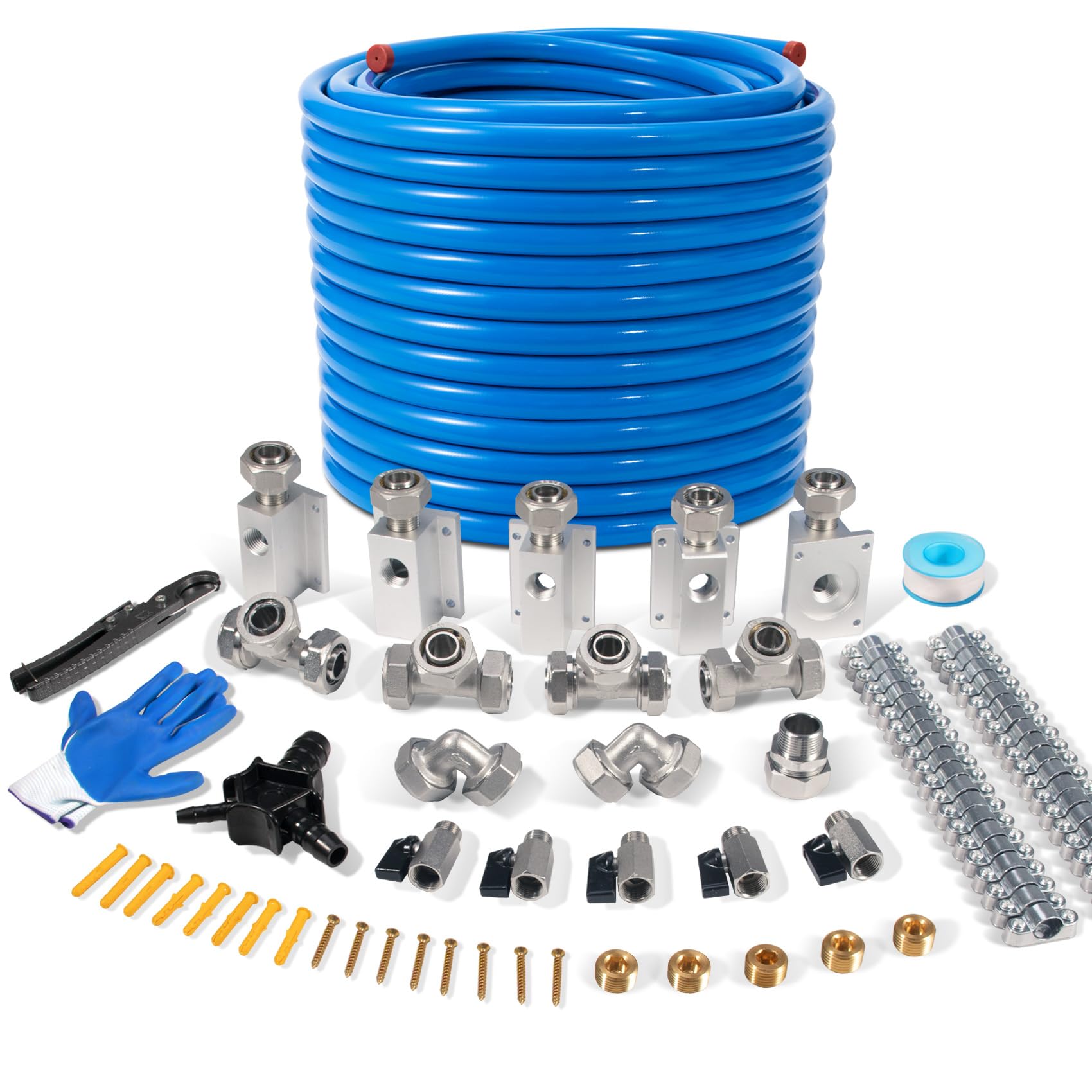 3/4  100&200&300ft Compressed Air Line Kit for Shop/Garage, Hdpe-Aluminum Rapid Air System Includes Right Angle Fittings and Tee