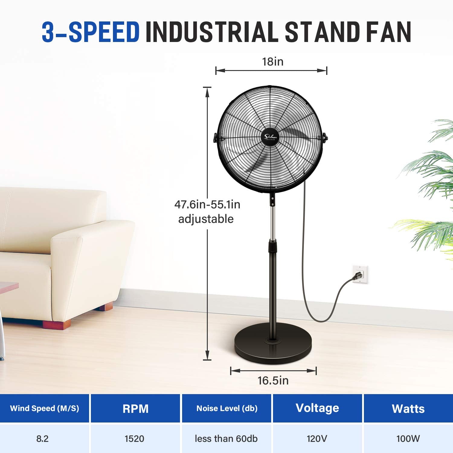 Simple Deluxe 18 Inch Pedestal Standing Fan, High Velocity, Heavy Duty Metal For Industrial, Commercial, Residential, Greenhouse