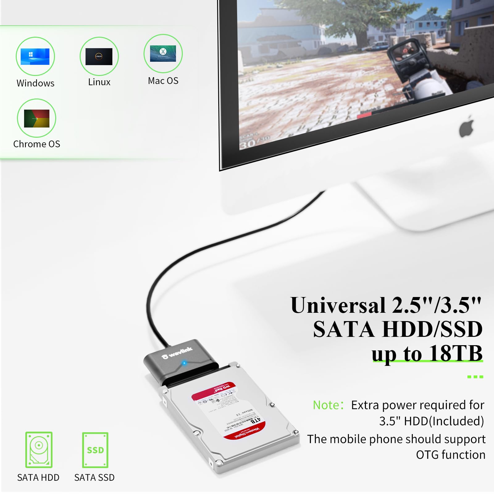 WAVLINK USB 3.0 to SATA Hard Drive Adapter Cable 5Gbps UASP WL-U35SATA PVC Black for 2.5" SSD 3.5" HDD