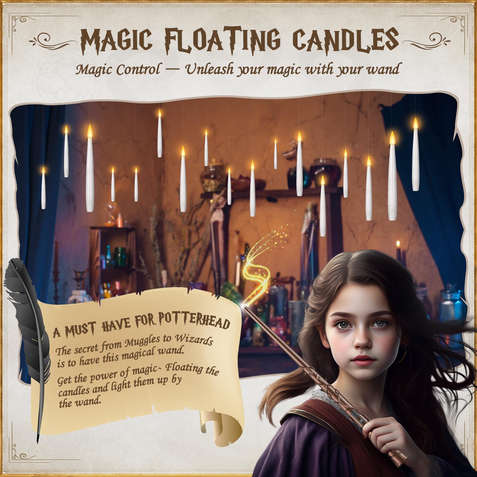 Tlpuhu Floating Candles With Wand 20Pcs   Halloween Decorations, Magic Hanging Candles With String Flickering Warm Light Led Fla
