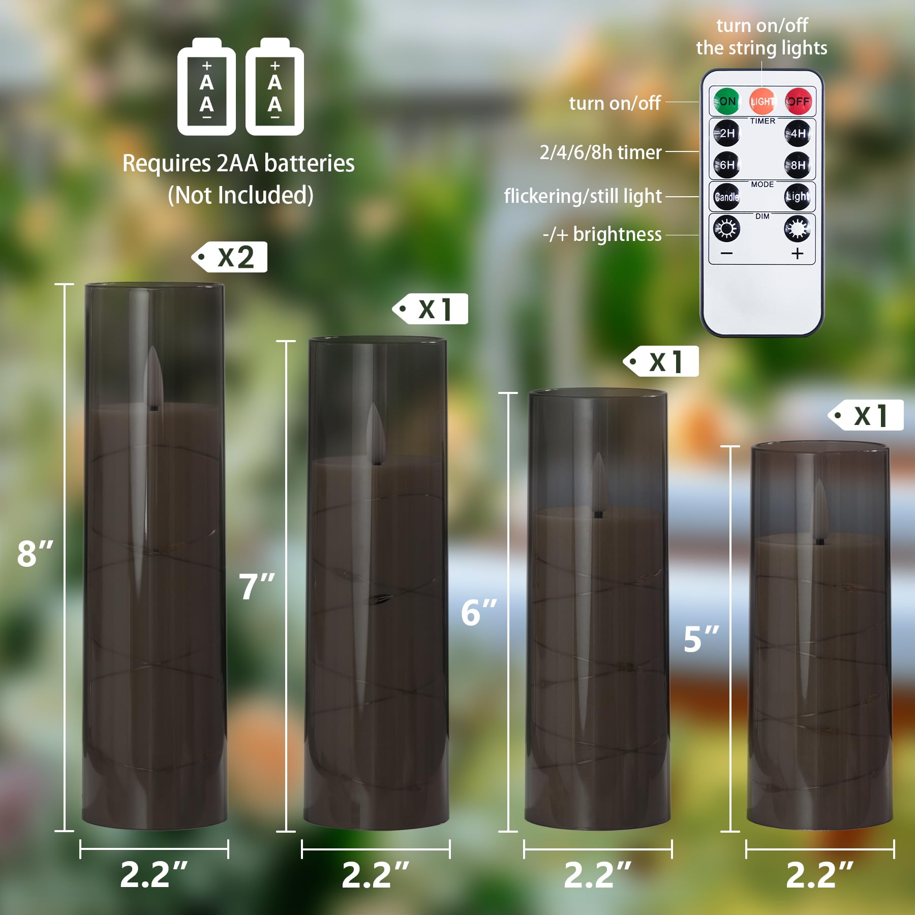 Zevanor Flameless Flickering 2.2'' X5'' 6'' 7'' 8'' 8'' Candles, Led Battery Operated Grey Clear Plastic Timer Pillar Realistic