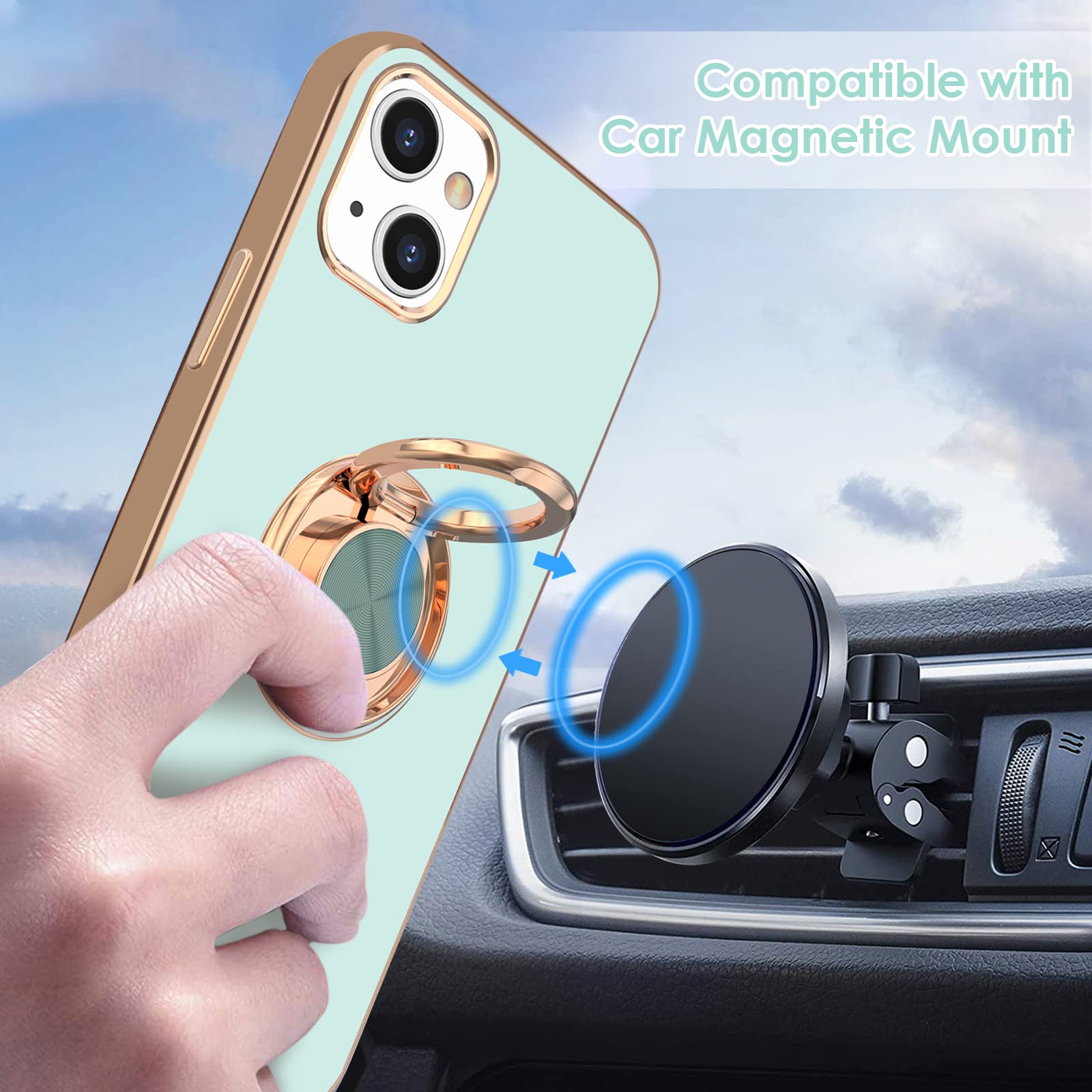 Hython iPhone 13 Ring Stand Phone Case Magnetic Kickstand Rose Gold Edge TPU Mint