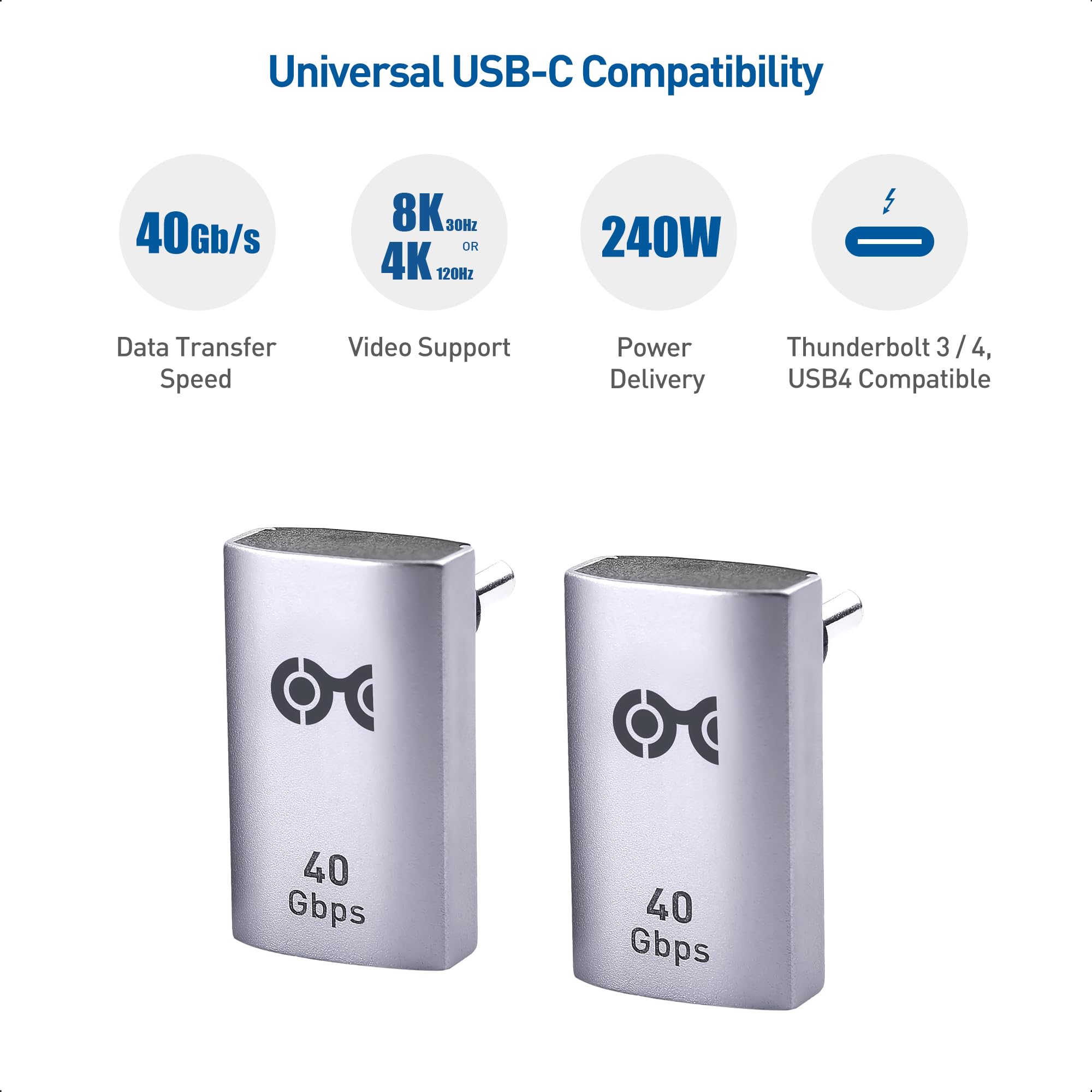 Cable Matters 2 Pack 40Gbps Right Angle USB C Adapter, Up to [4K@240Hz Video, 240W Charging, 40Gbps Data Transfer] 90 Degree USB C Adapter, Compatible with Thunderbolt 4, iPhone 16, Steam Deck