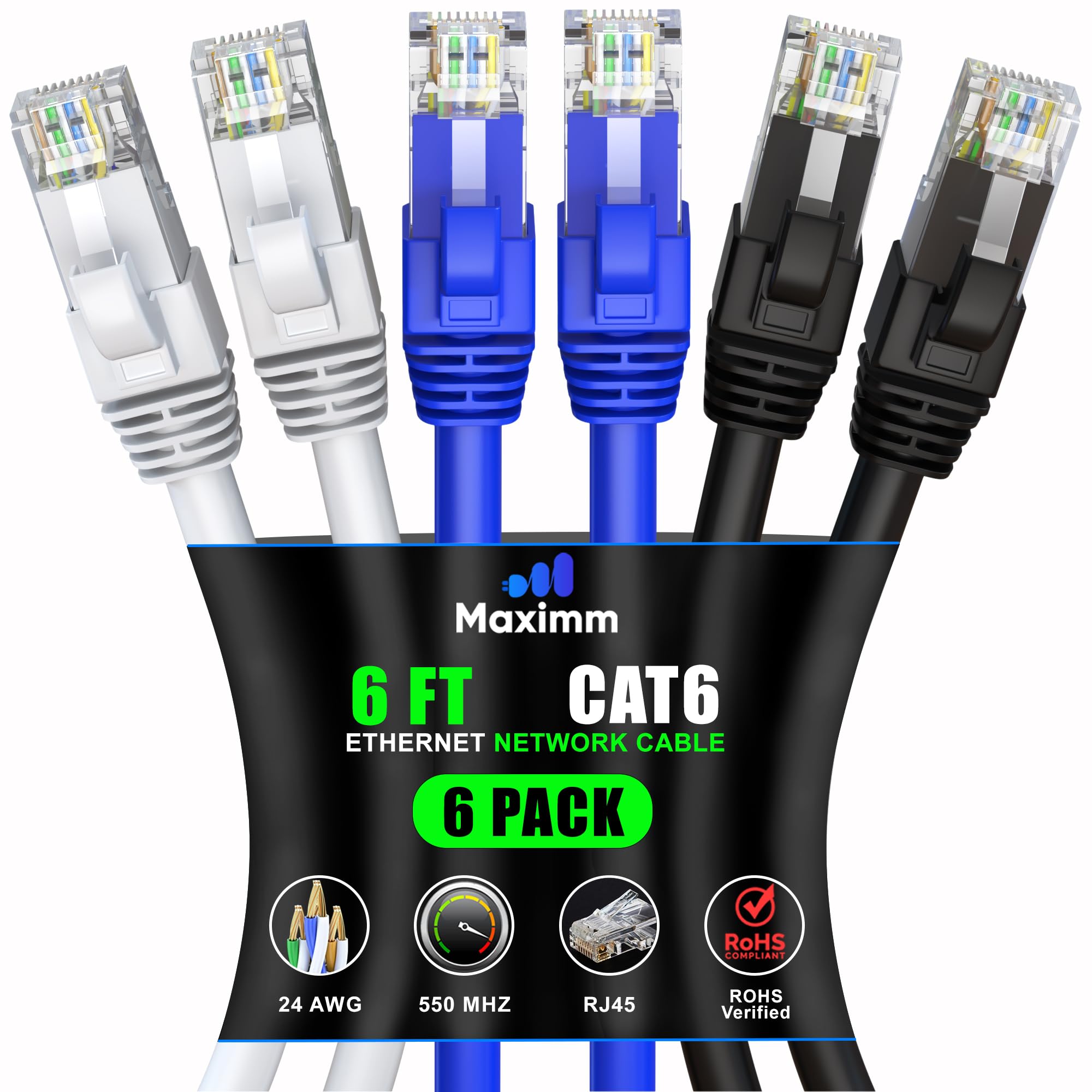 Maximm Cat 6 Ethernet Cable 6 Ft (6 Pack)   High Speed Lan Cable, Internet Cable, Patch Cable, And Network Cable   Utp, 10Gbps, 550Mhz Ethernet Cord   Tricolor
