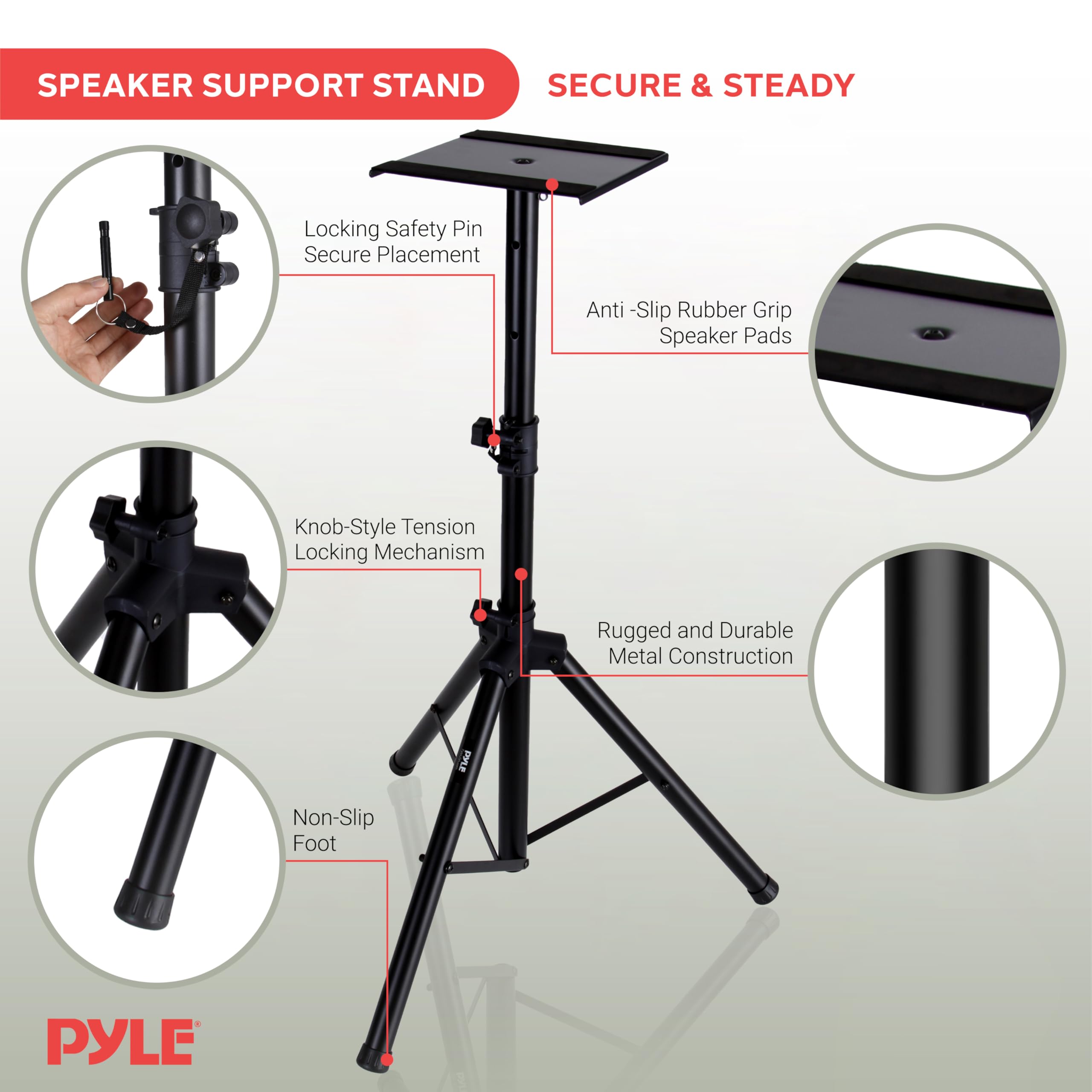 Pyle Adjustable Speaker Stand Pair - Dual Studio Monitor Tripod With Metal Base, Anti-Slip Speaker Pads, Height Adjustment From