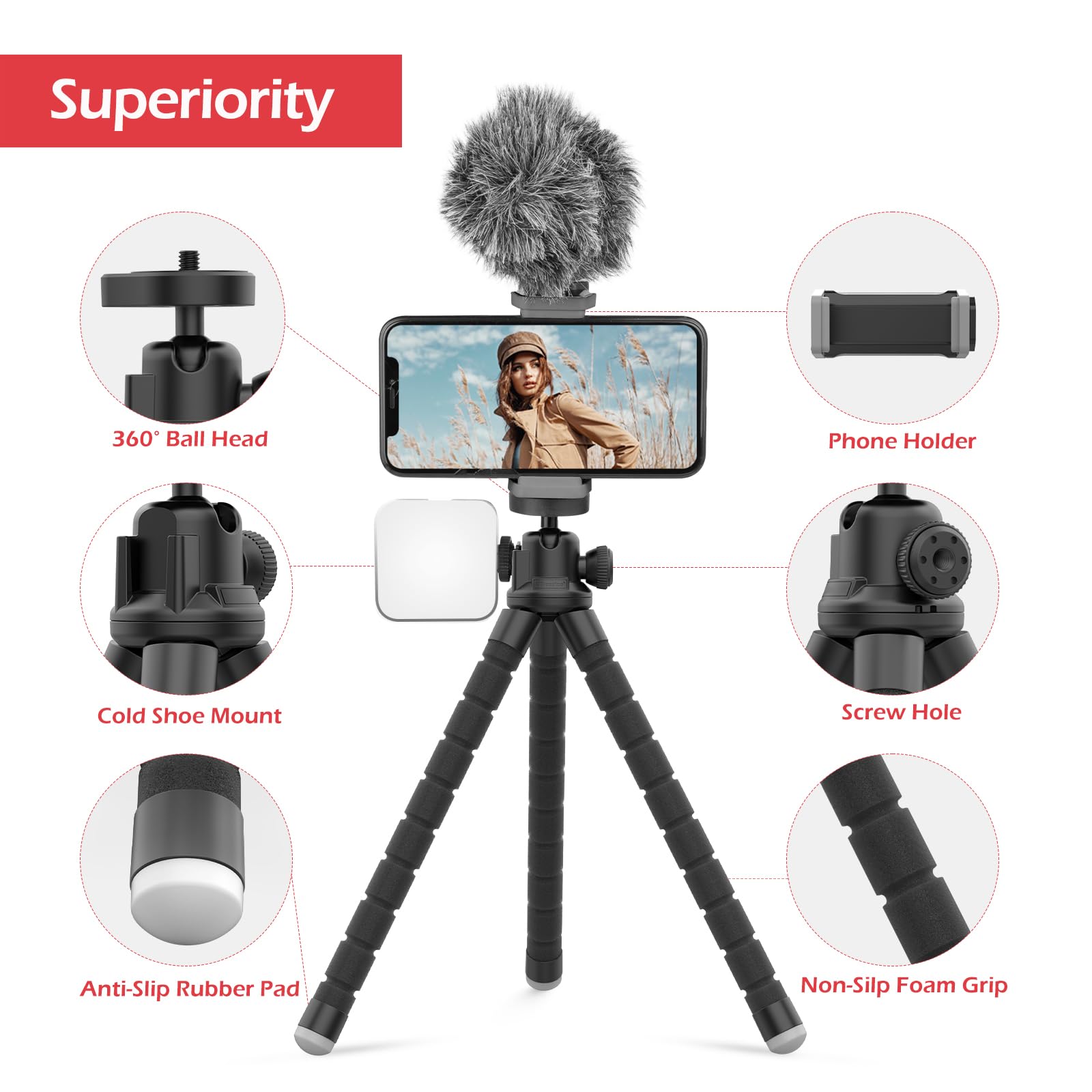 Aureday Cell Phone Tripod, Flexible Mini Tripod With Remote And Cold Shoe, Small Tripod Stand For Video Recording, Vlogging, Compatible With Microphones,Cellphone,Camera,Gopro Black