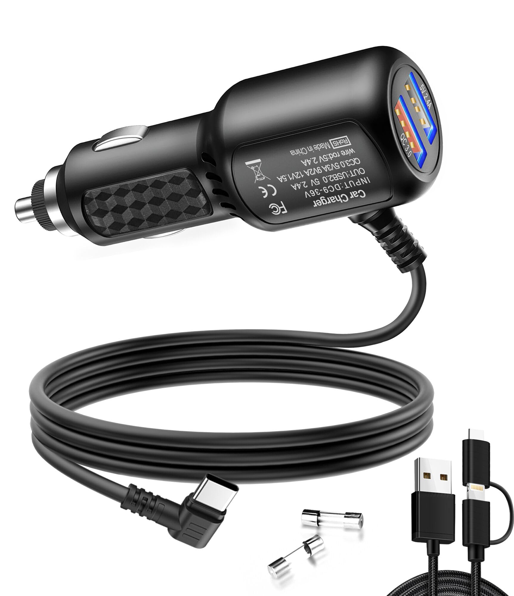 Dash Cam Charger Usb C,Type C Dash Cam Power Cord,Dual Usb Fast Charger, Compatible With Redtiger F7N Series,Vantrue N4 And N2S Series,Wolfbox Mirror Cam,Azdome,Pelsee And Gps Navigator(11.5Ft)