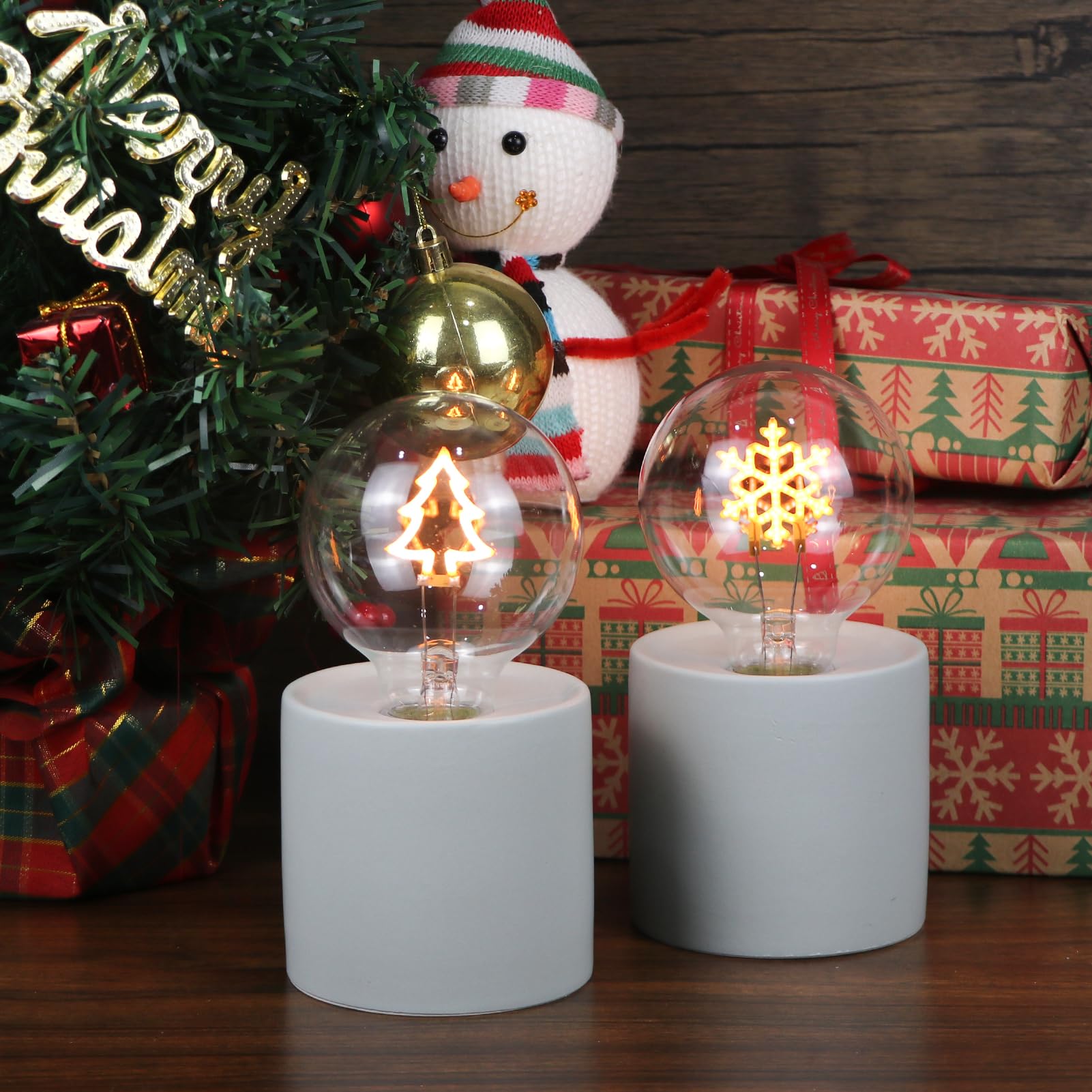Wondise Christmas Night Light Glass Globe With Ceramic Base Battery Operated Warm Yellow Light Led Lamp For Home Table Centerpie