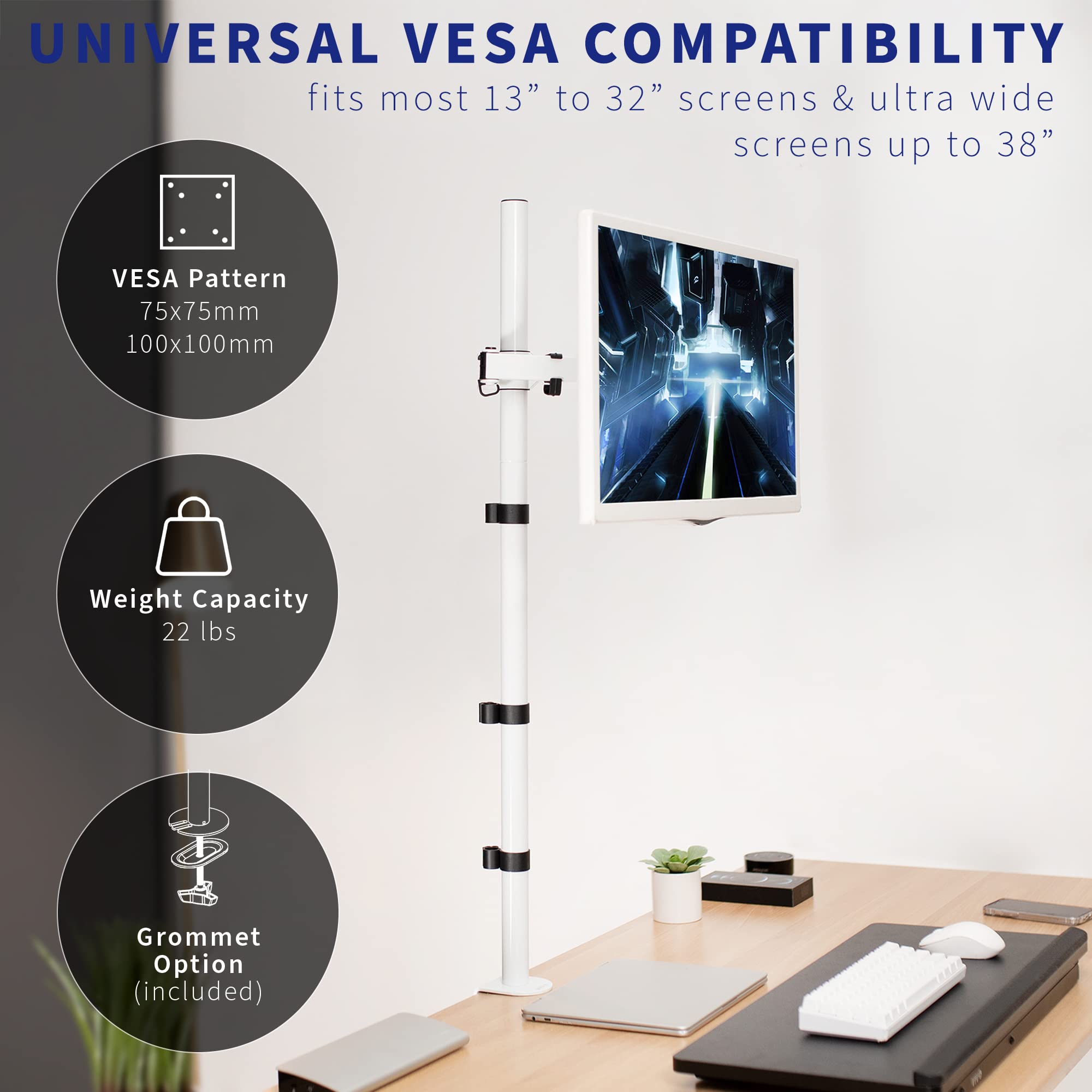 VIVO Extra Tall Single Monitor Desk Mount Stand 39 inch Pole, Features Full Adjustability   Tilt and Articulation, Holds 13 to 32 inch Screens up to 22 lbs with VESA Mounting, White, STAND V011W