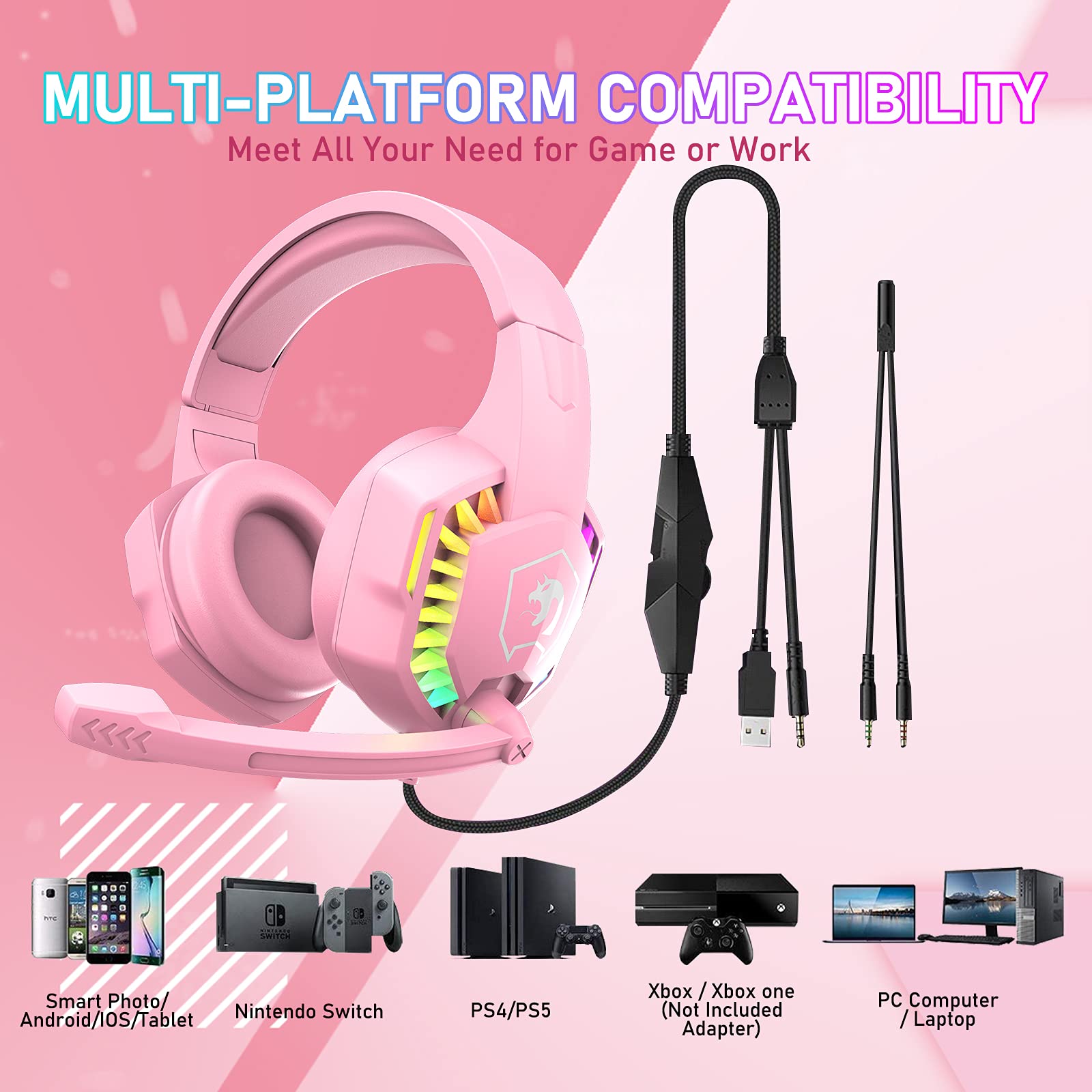 Wired Gaming Headset With Rainbow Rgb Backlight Retractable Noise Isolating Microphone Stereo Sound Deep Bass Memory Foam Earmuf