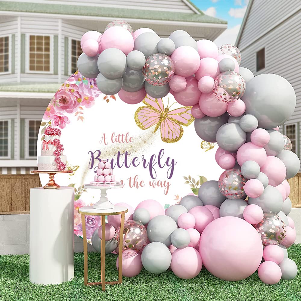 Oerju 6X6Ft Butterfly Round Backdrop Cover A Little Butterfly Is On The Way Watercolor Flower Photography Background Baby Shower
