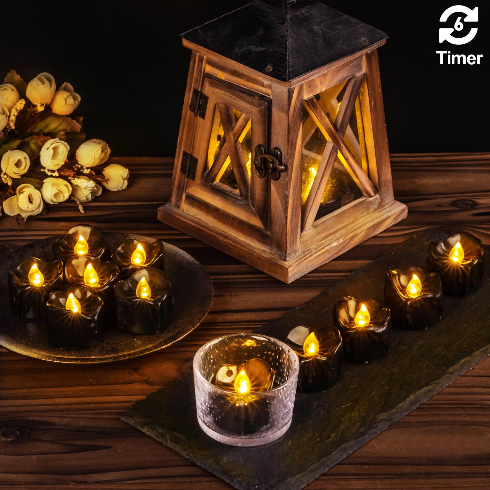 Windshell Black Tealight Candles With Timer, Melting Design (Plastic), Battery Operated Led Flameless Tea Lights For Party, Wedd